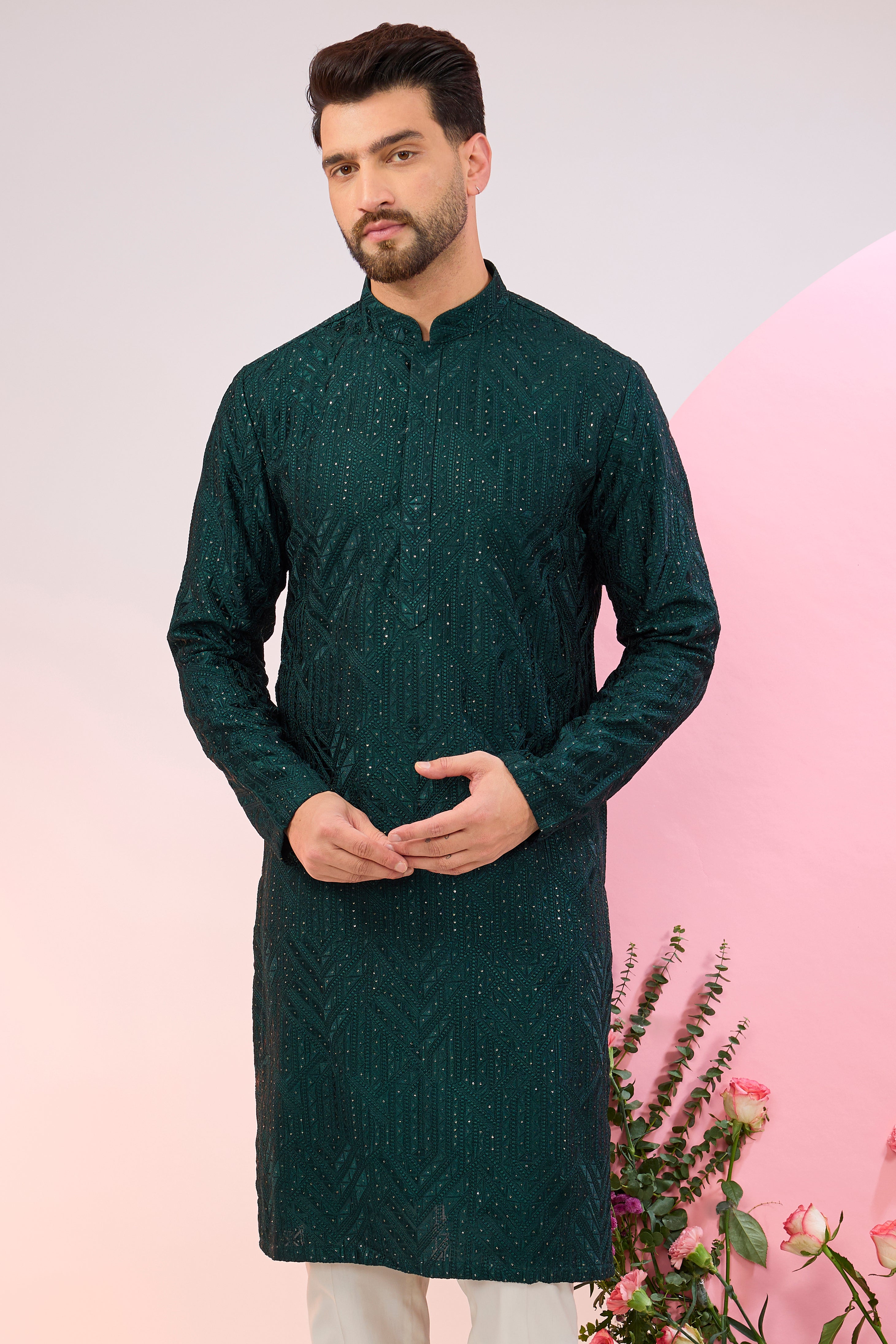 bottle green geometrically embroidried kurta