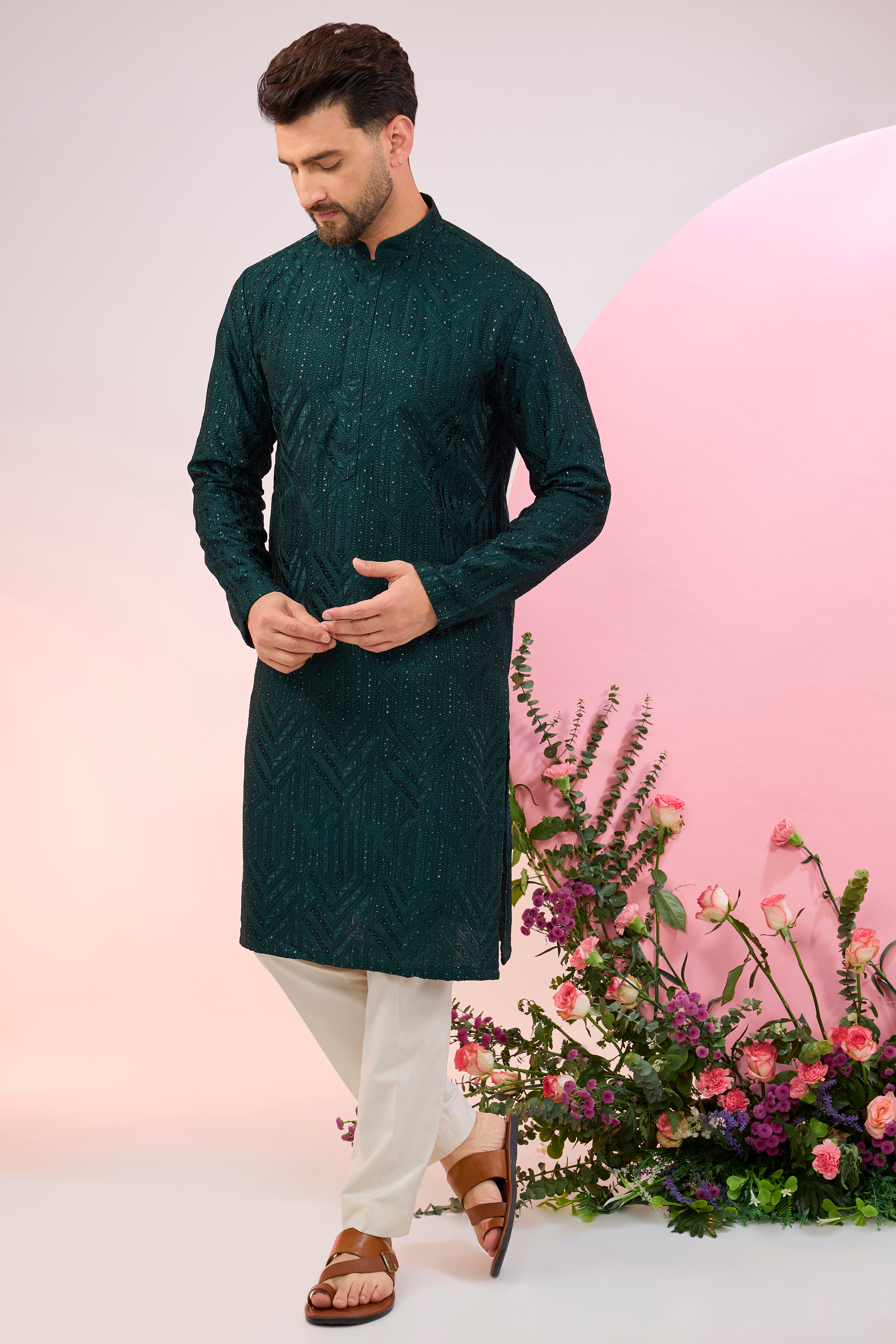 bottle green geometrically embroidried kurta