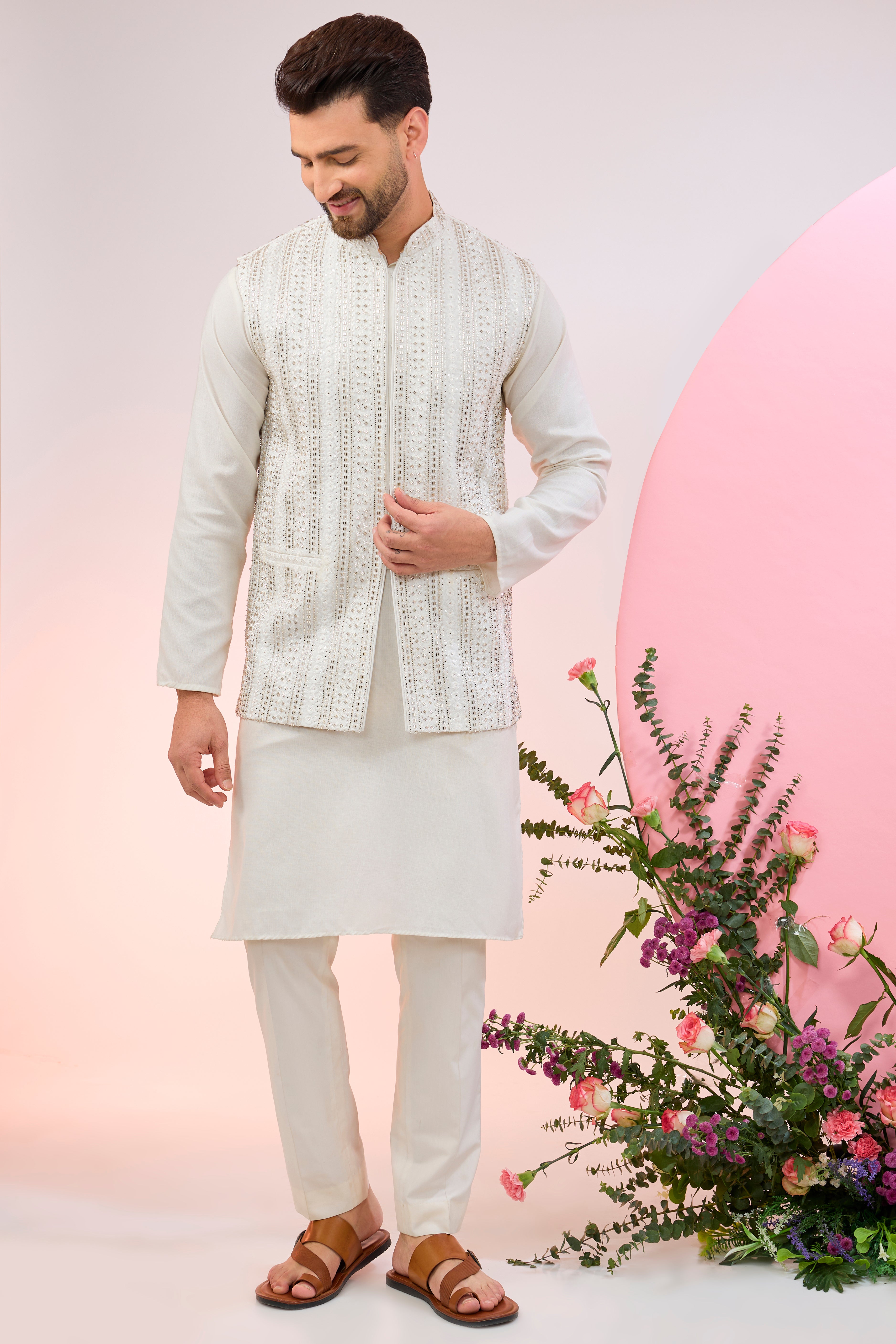 white nehru jacket with intricate cut dana embroidery