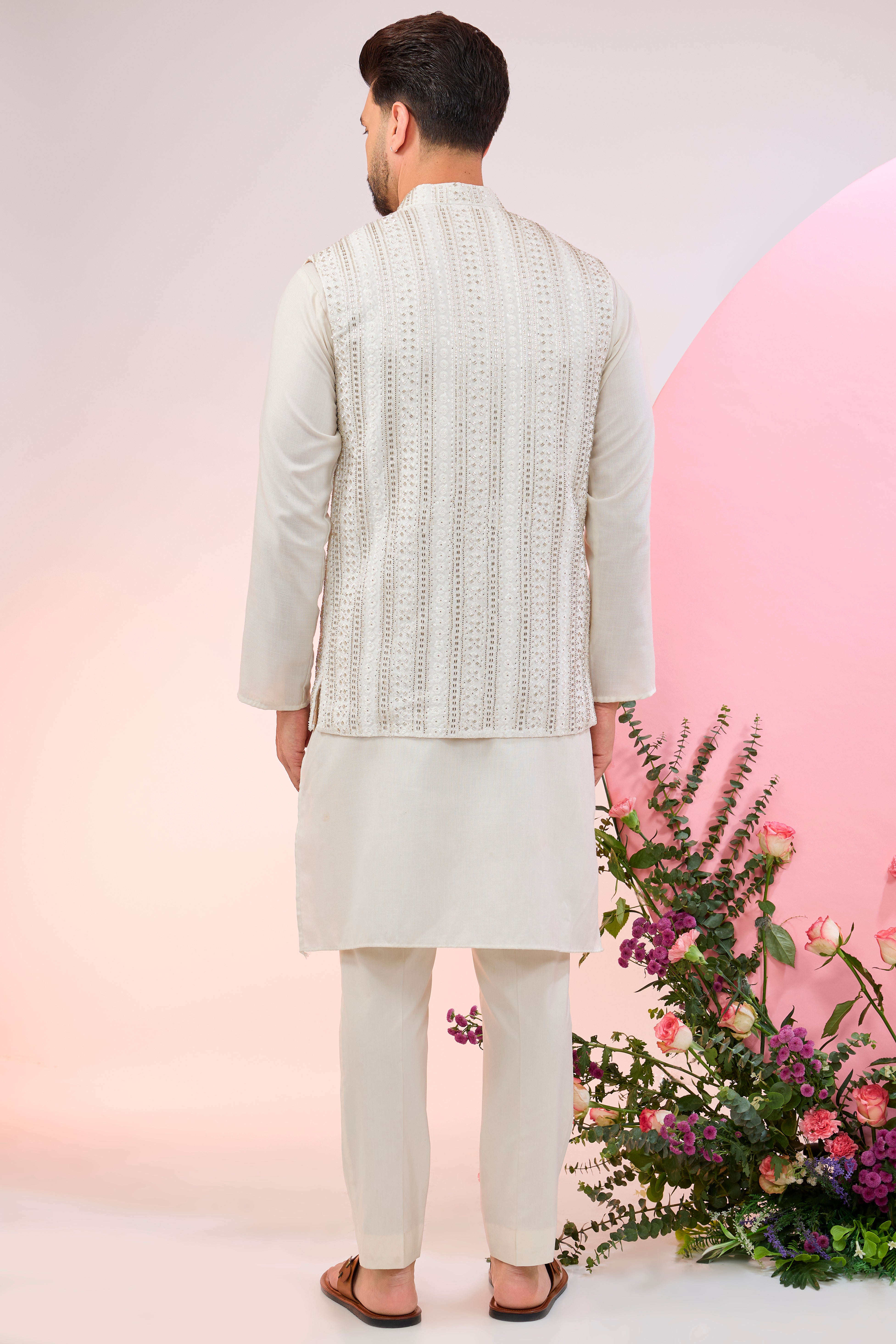 white nehru jacket with intricate cut dana embroidery