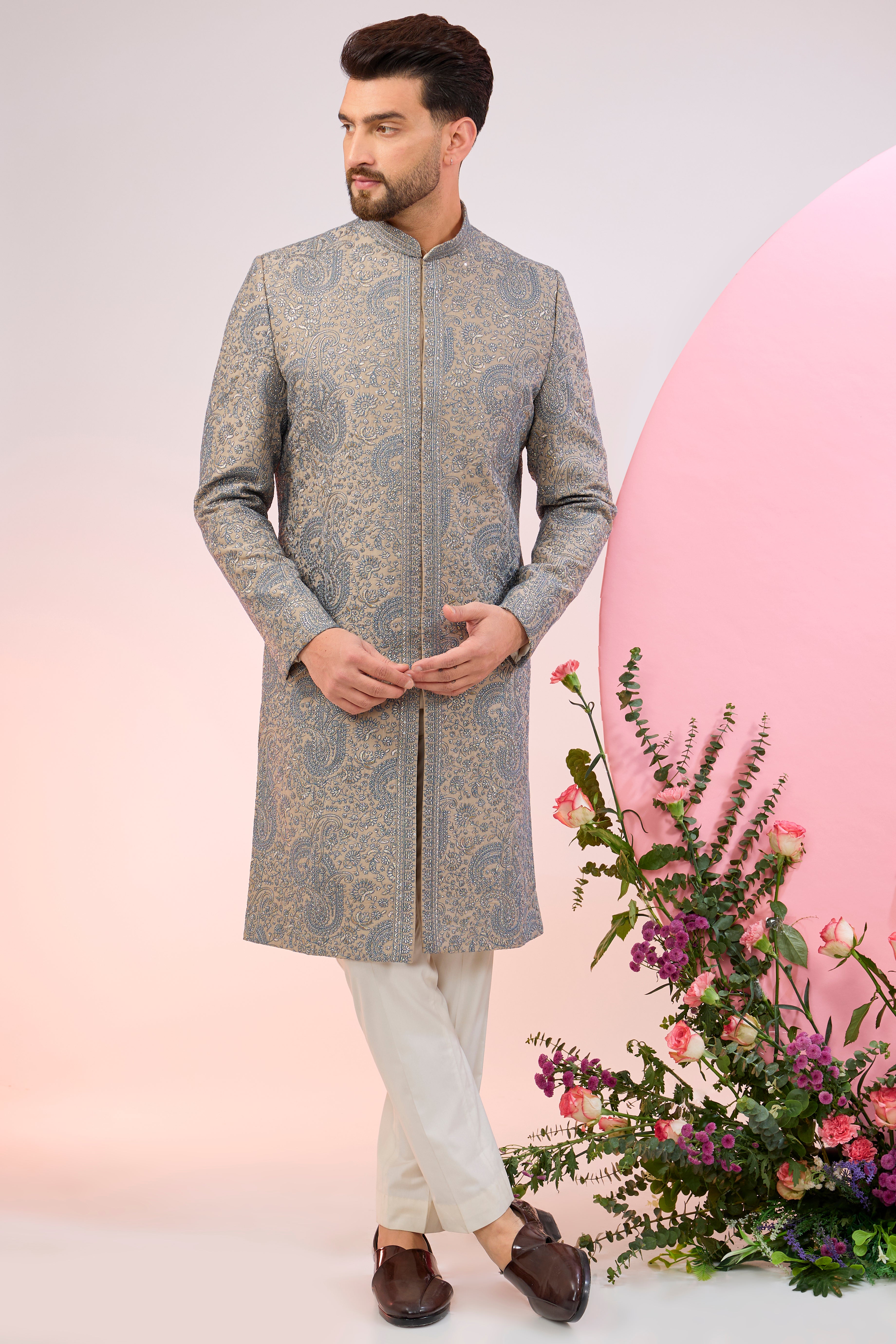 beige-nude sherwani with paisley embroidery