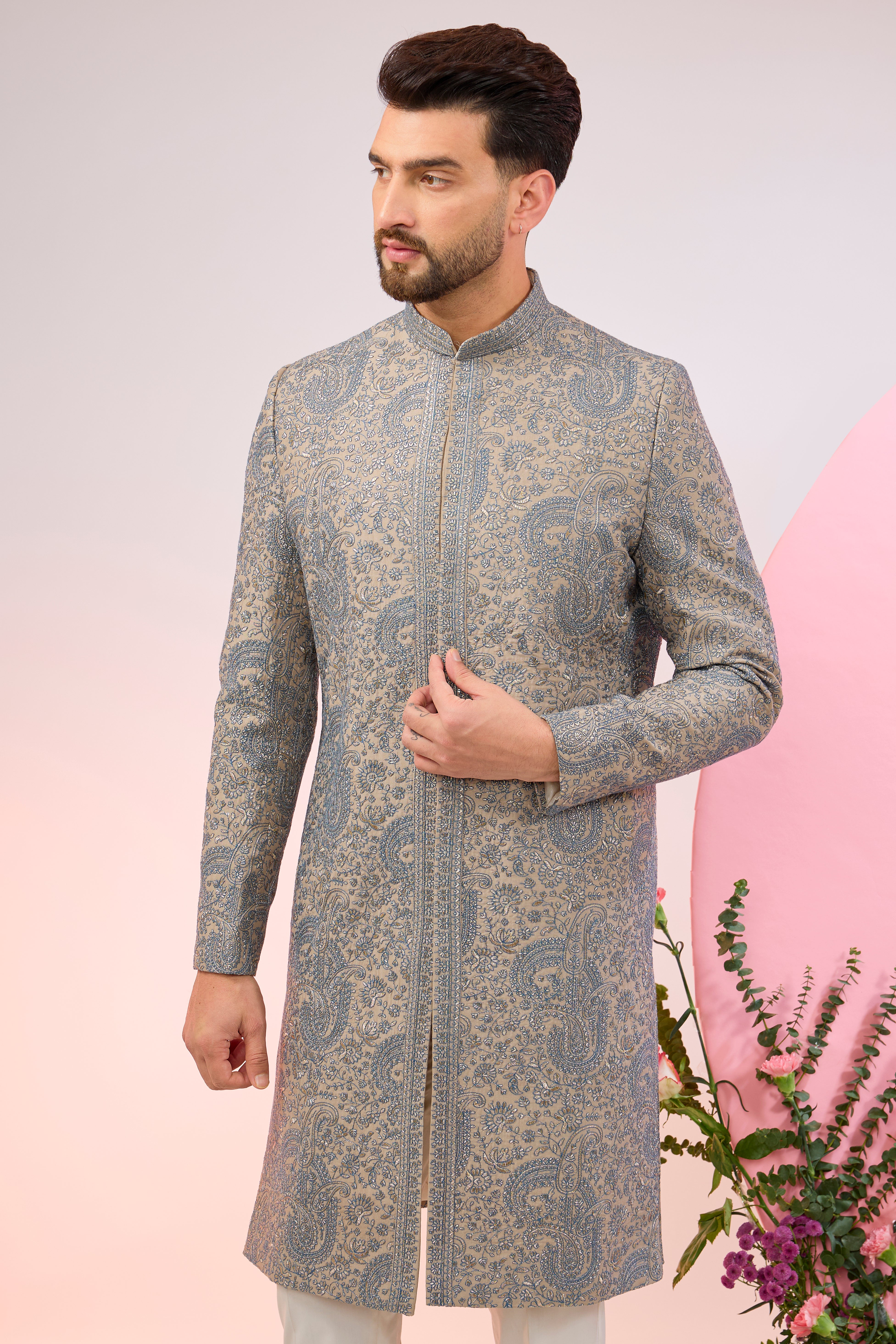 beige-nude sherwani with paisley embroidery