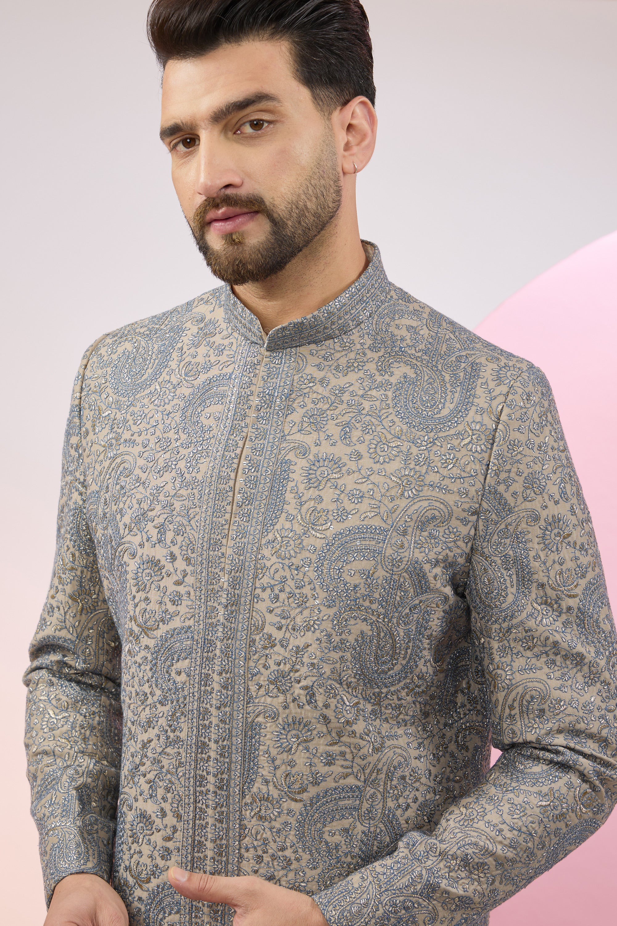 beige-nude sherwani with paisley embroidery