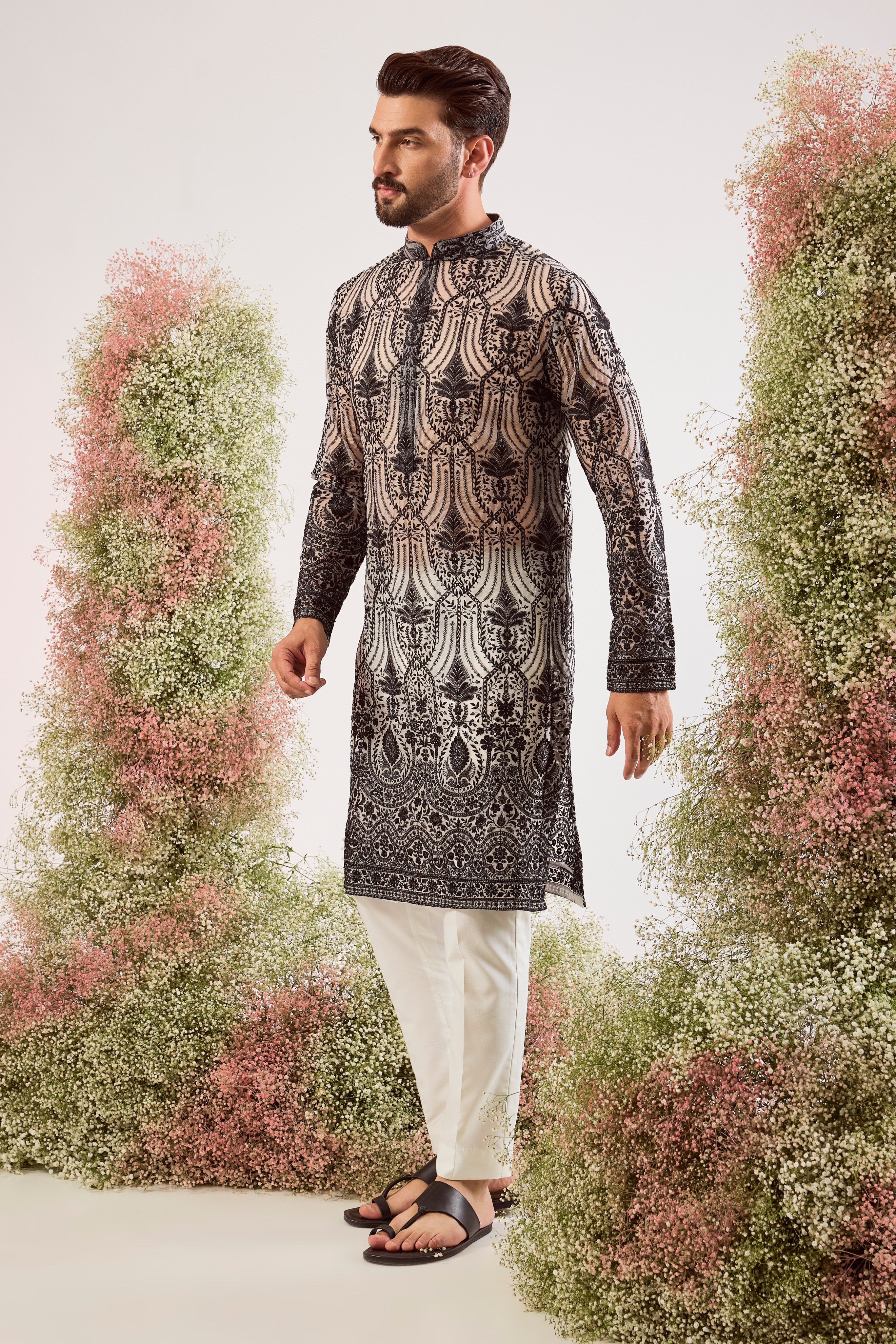 black see through long chikankari kurta on orgzanza with intricate sequin work
