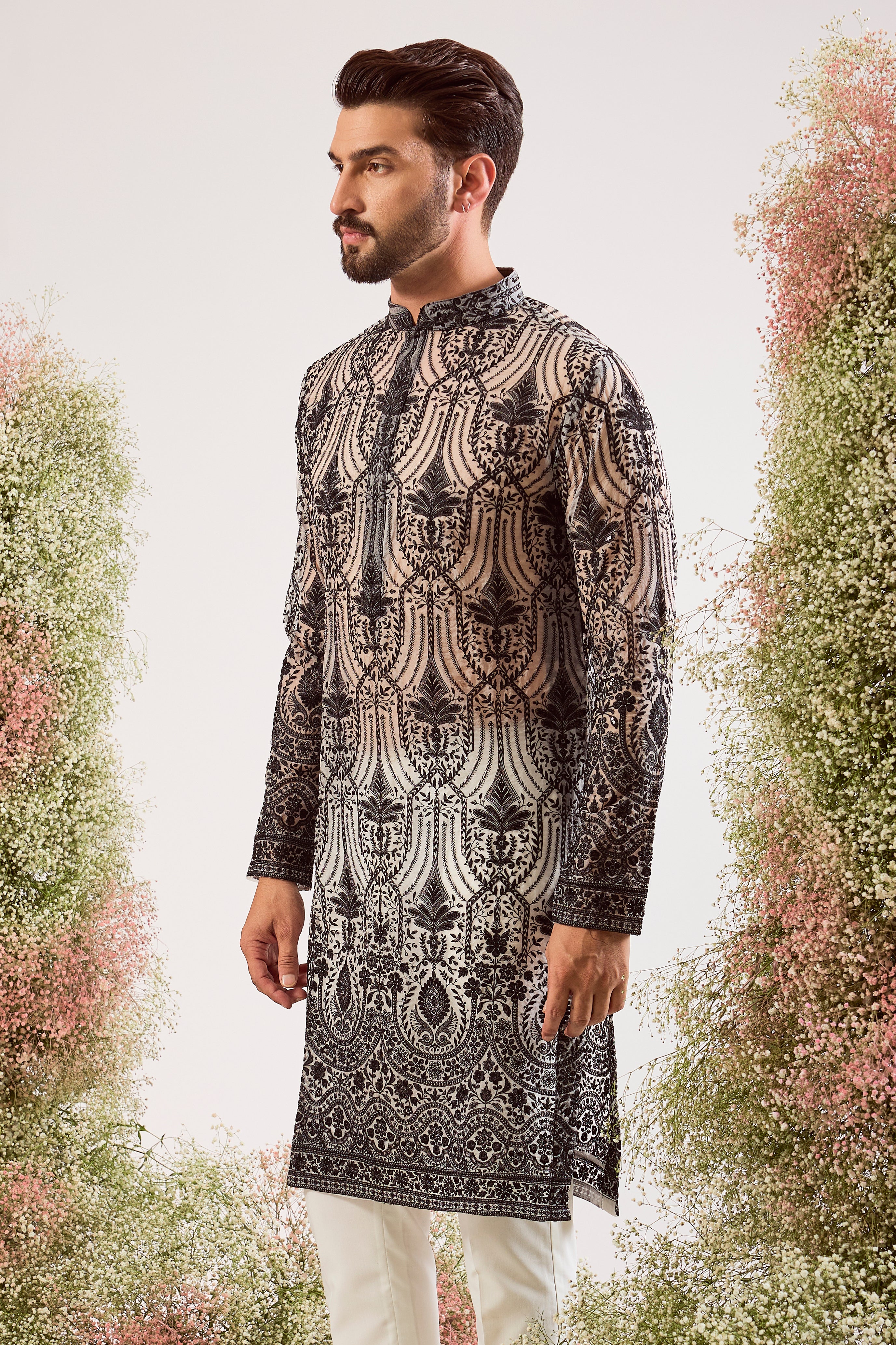black see through long chikankari kurta on orgzanza with intricate sequin work