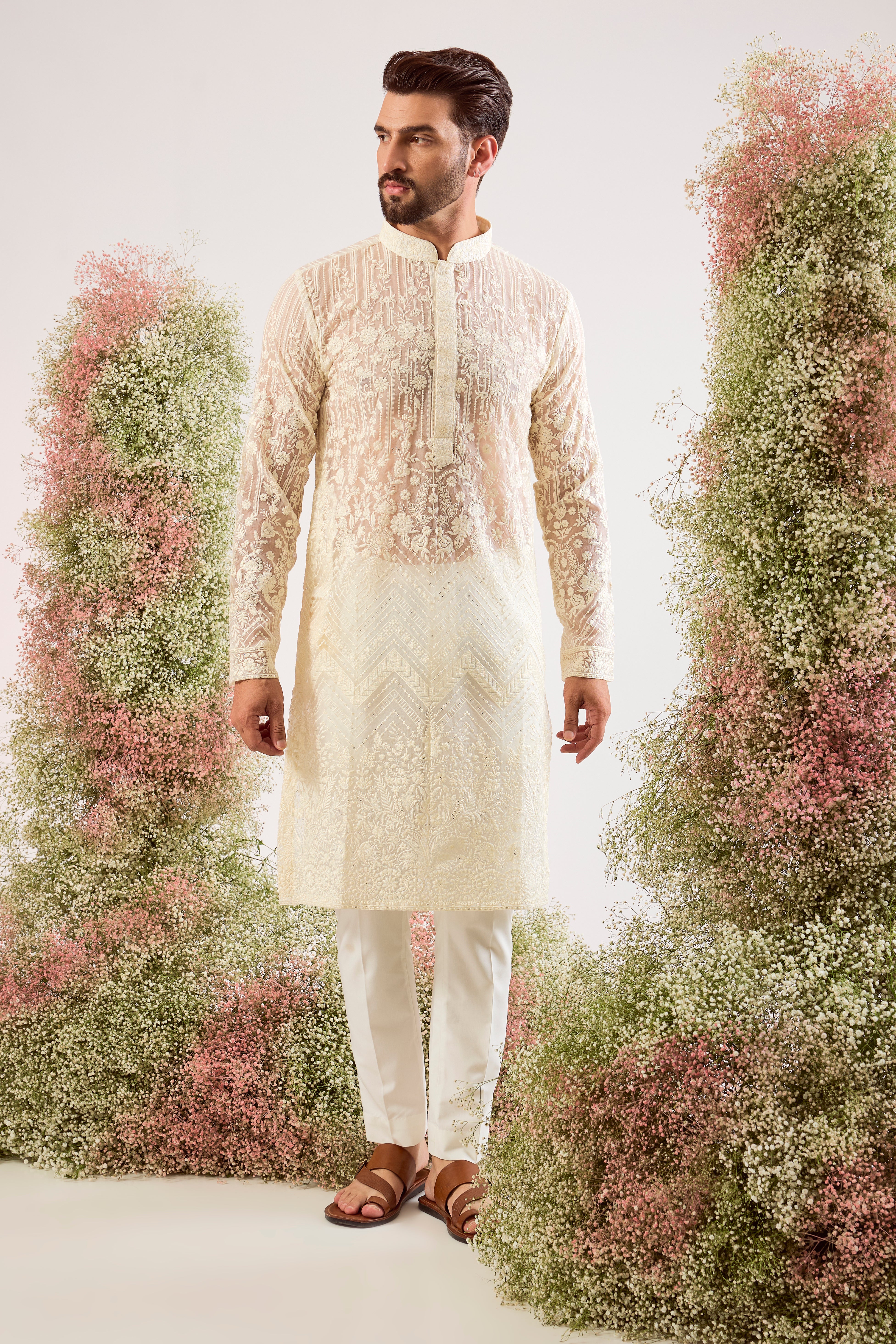 white see through chikankari kurta on organza with inricate floral embroidery and sequin work
