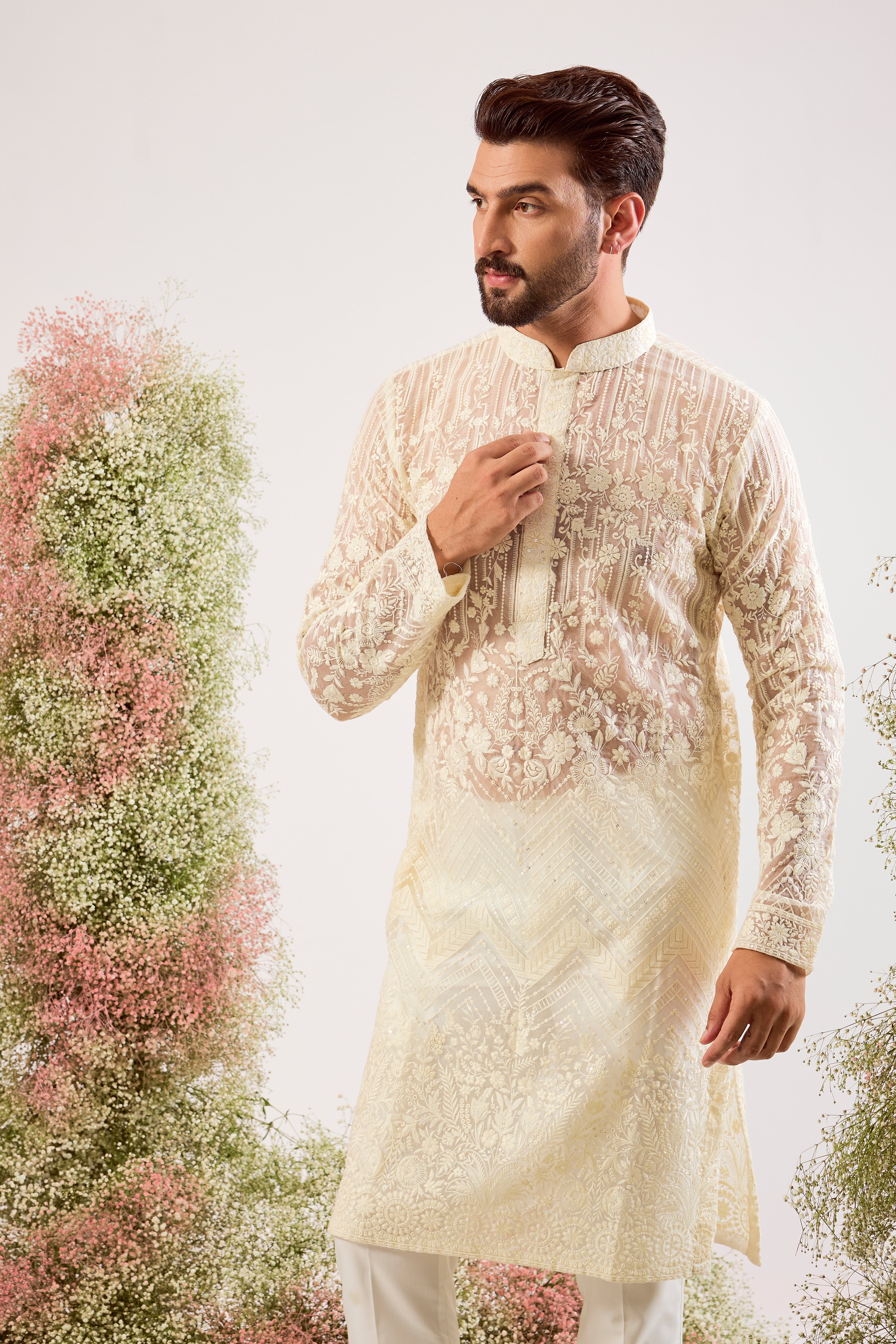 white see through chikankari kurta on organza with inricate floral embroidery and sequin work