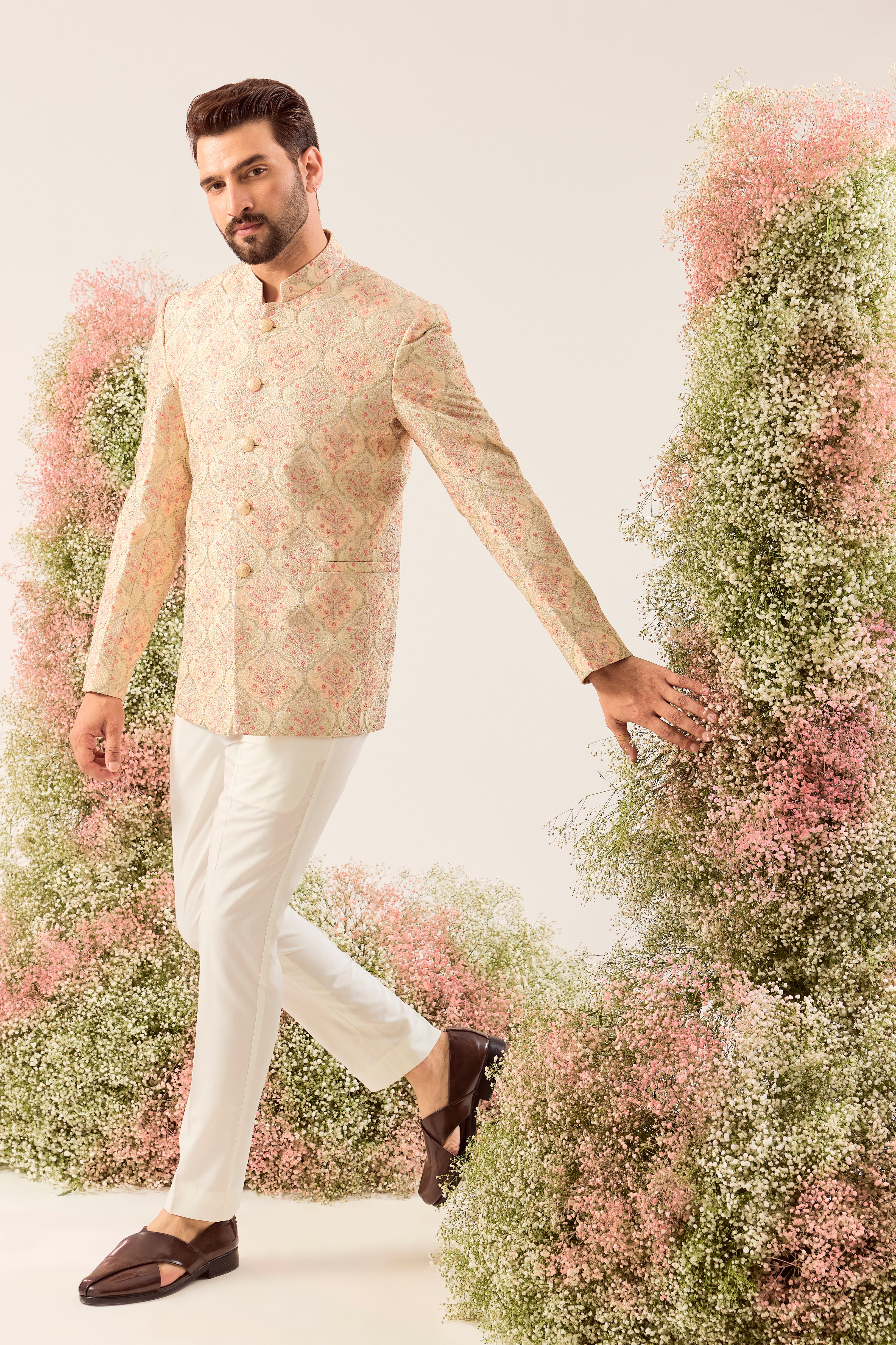 beige chikankari bandgala with intricate multi thread & zari work