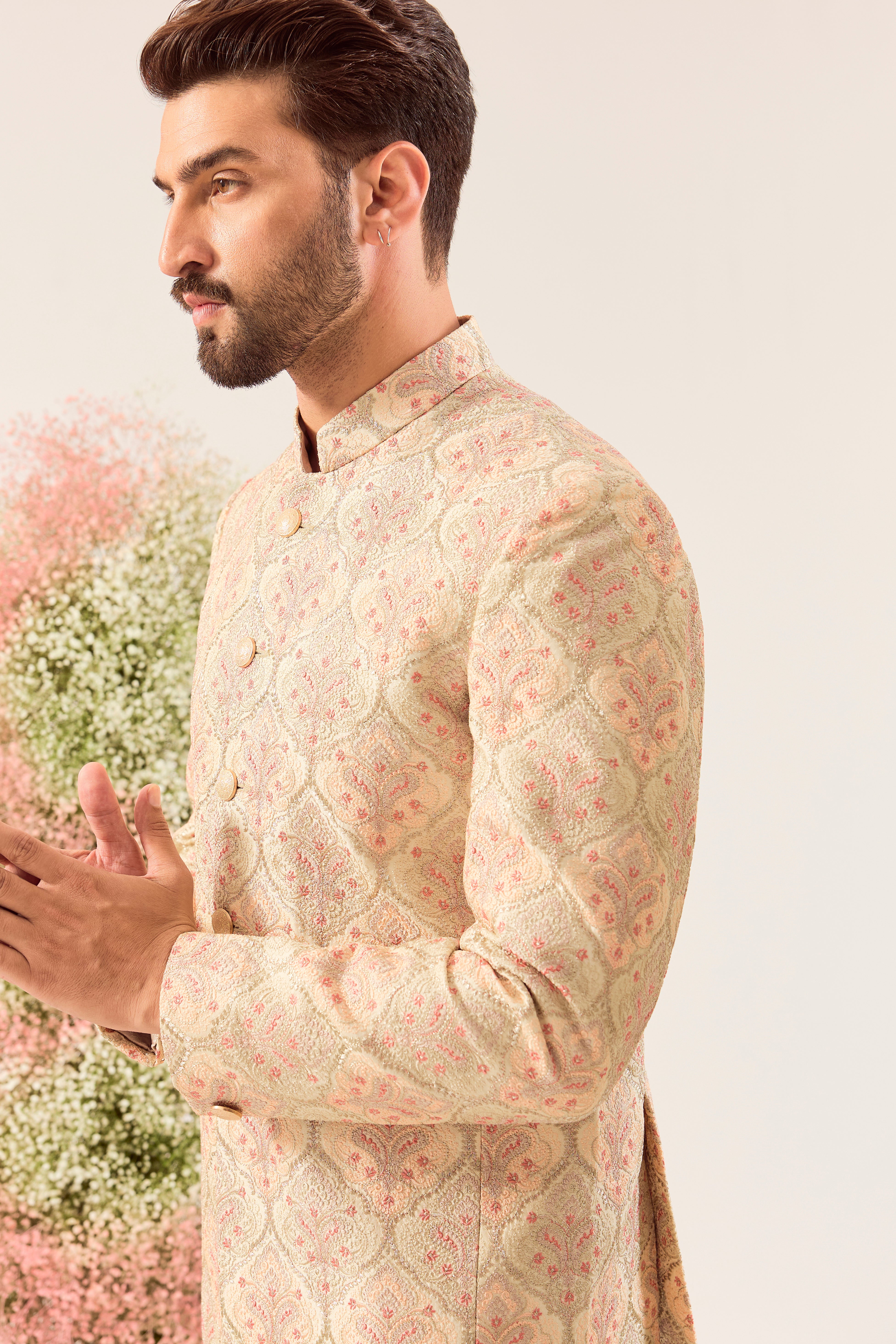 beige chikankari bandgala with intricate multi thread & zari work