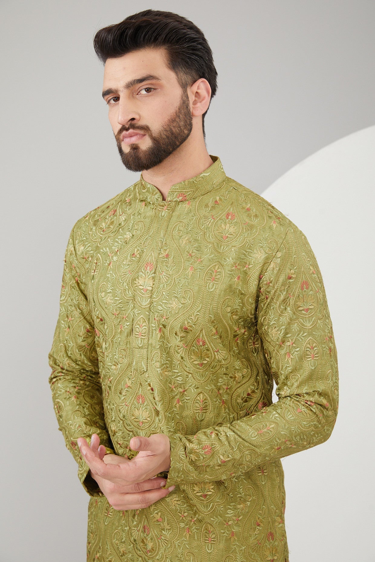 Mehendi Green Silk Kashmiri Embroidered Kurta - kasbahmen