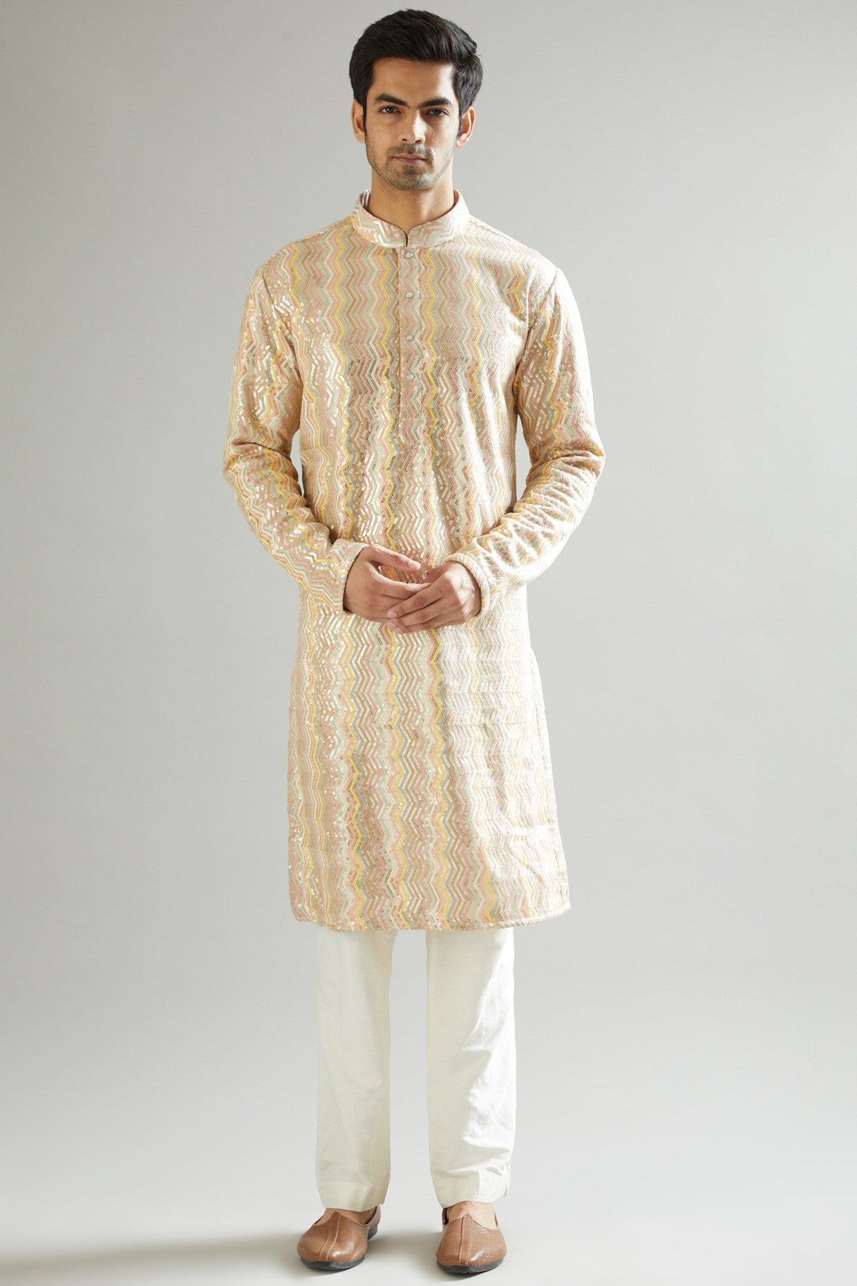 Nude Sequins & Thread Embroidered Kurta - kasbahmen