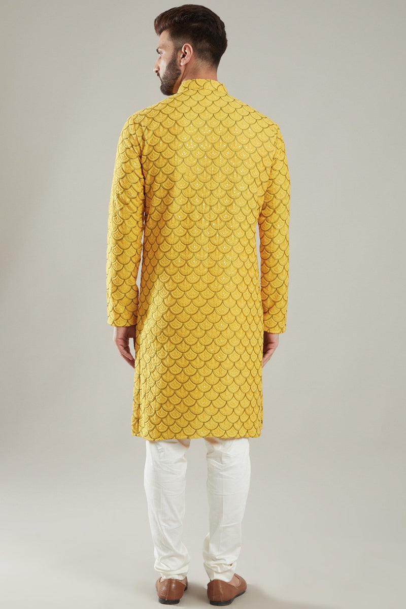 Mustard Silk Embroidered Kurta