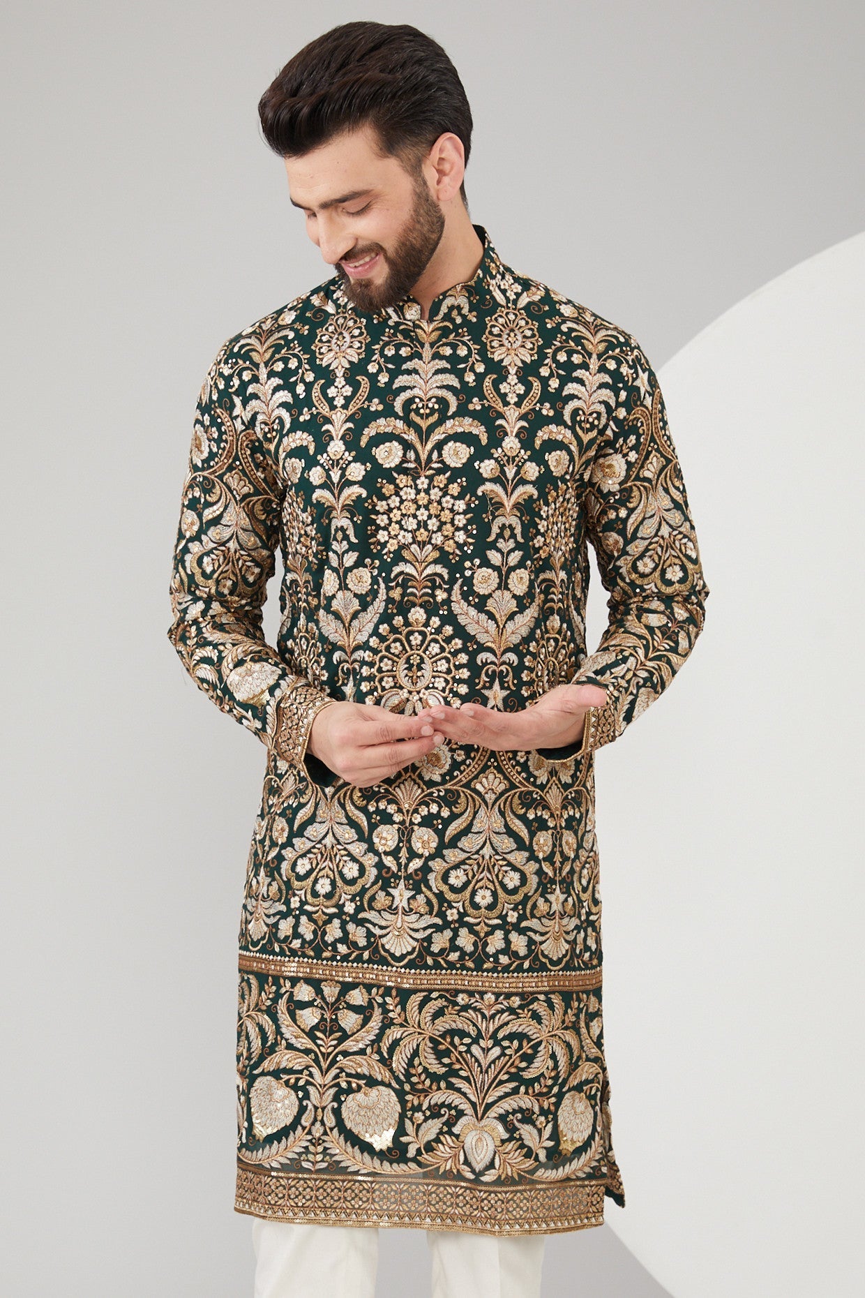 Bottle Green Georgette Floral Embroidered Kurta - kasbahmen