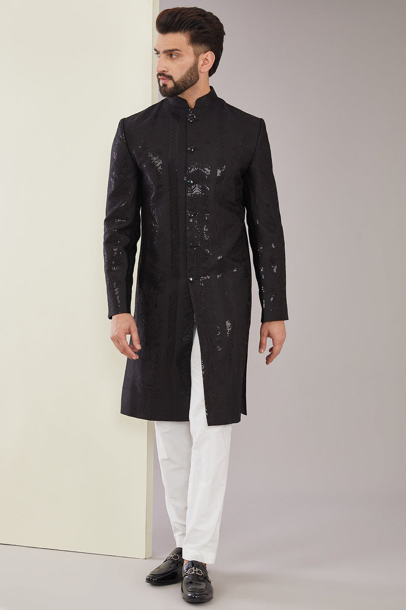 Formal Black Embroidered Long Sherwani - kasbahmen