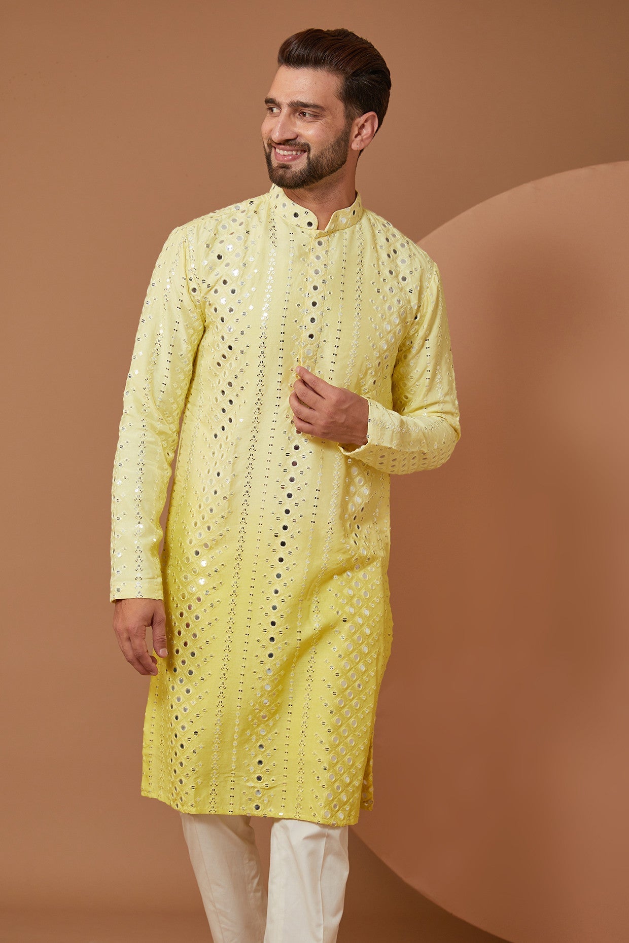 Yellow Ombre Shaded Mirror work kurta - kasbahmen