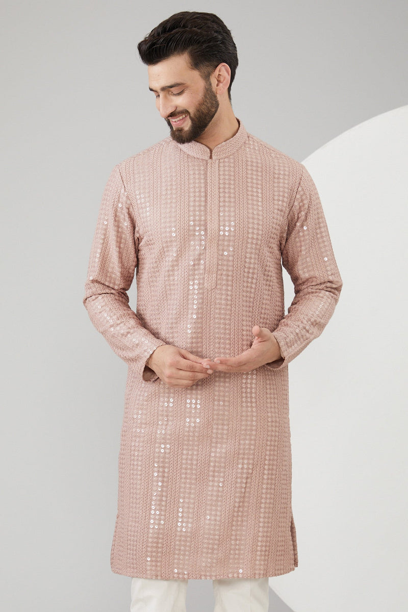 Mud Pink Slub Silk Thread Work Kurta - kasbahmen