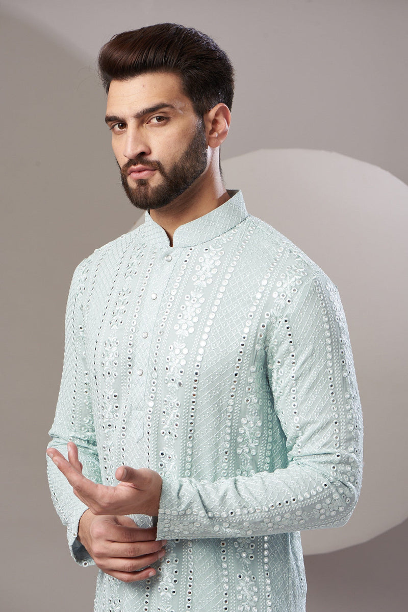 Formal powder blue mirror work kurta - kasbahmen