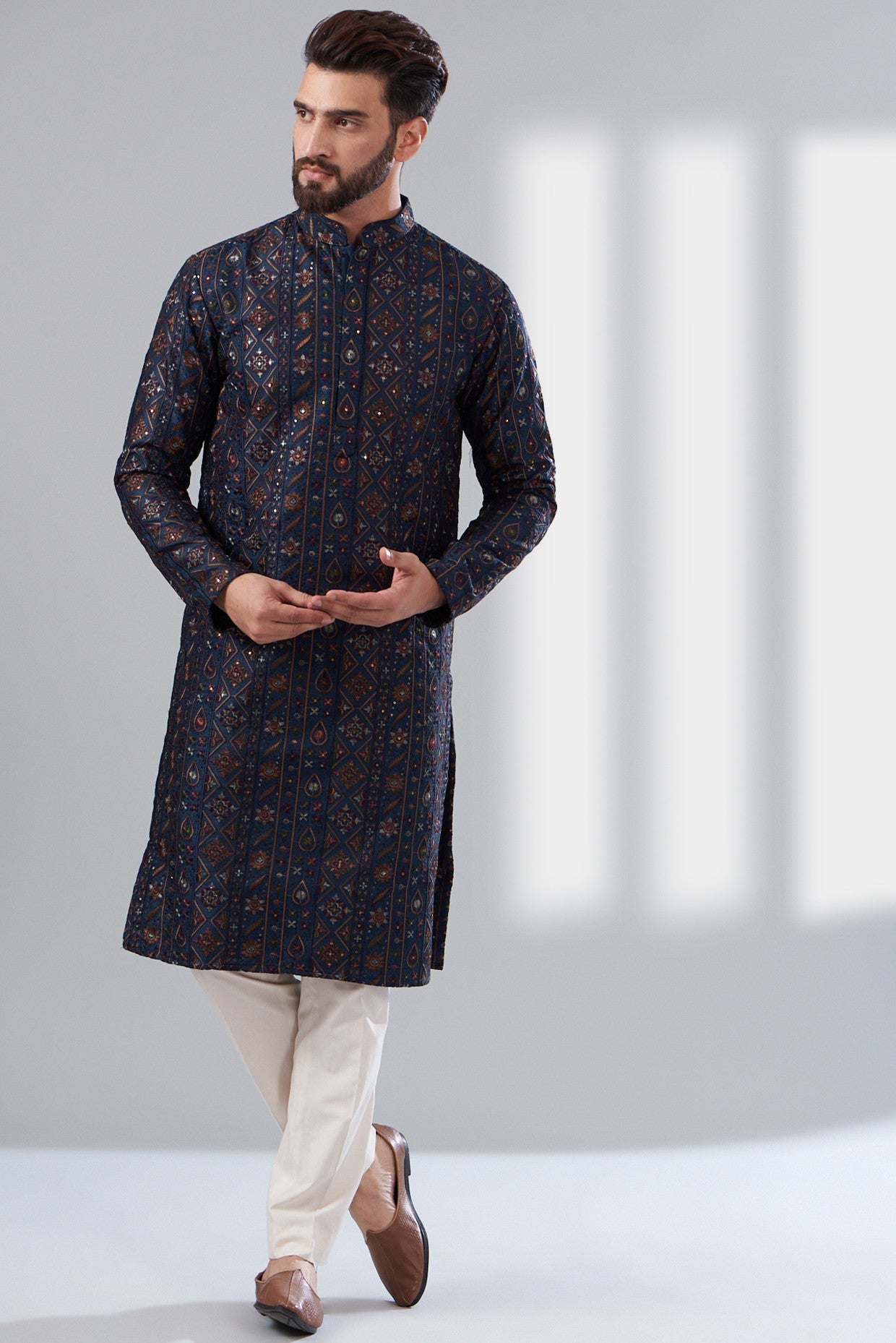 Navy blue multi thread work kurta - kasbahmen