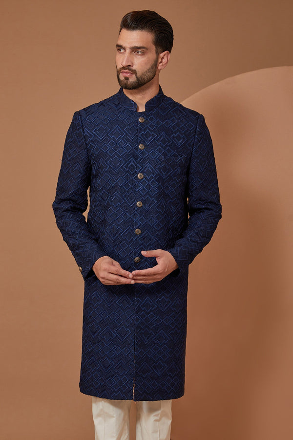 Blue Threadwork Indowestern Sherwani - kasbahmen