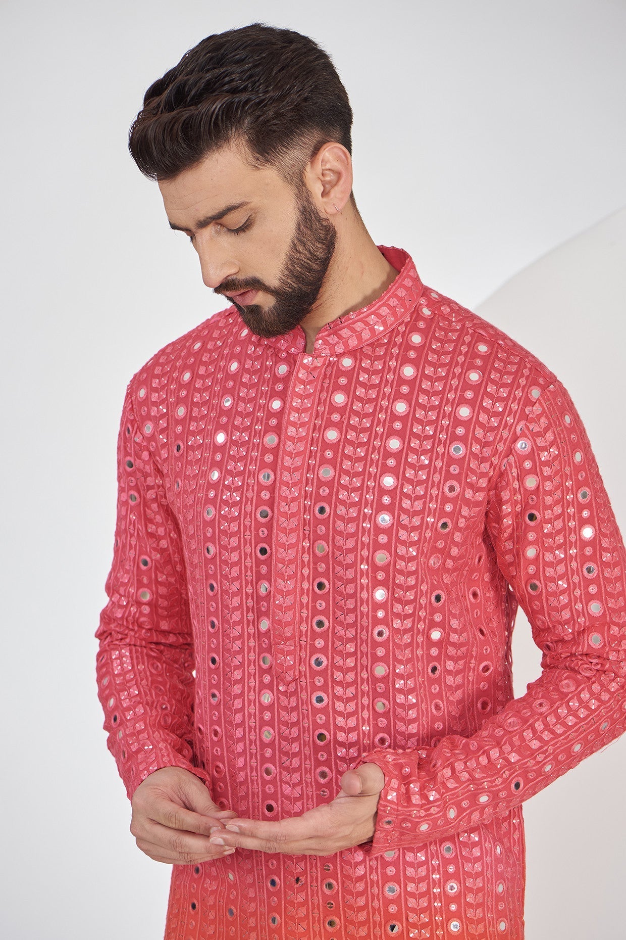 Pink and Orange Ombre shaded Mirrorwork Kurta - kasbahmen