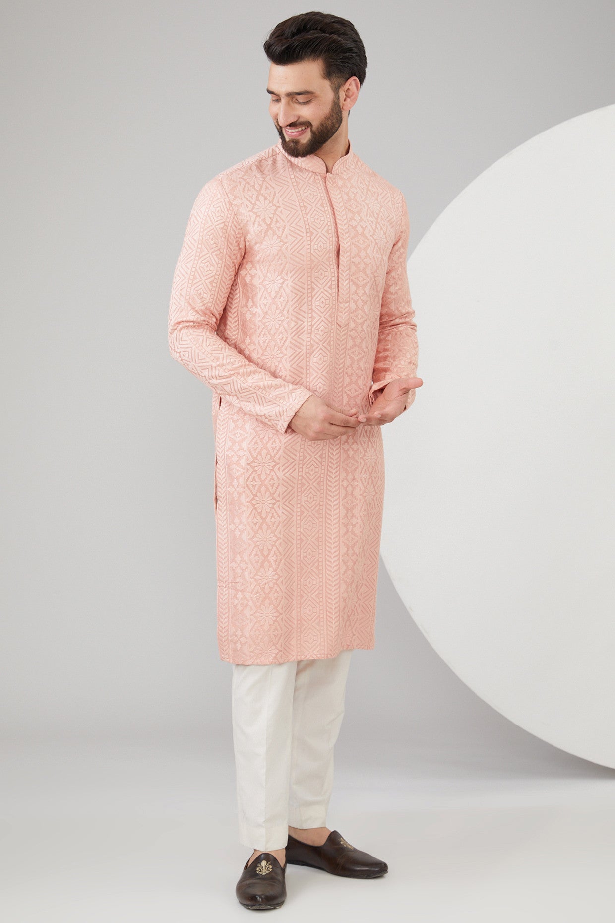 Peach Silk Thread Work Chikankari Kurta - kasbahmen