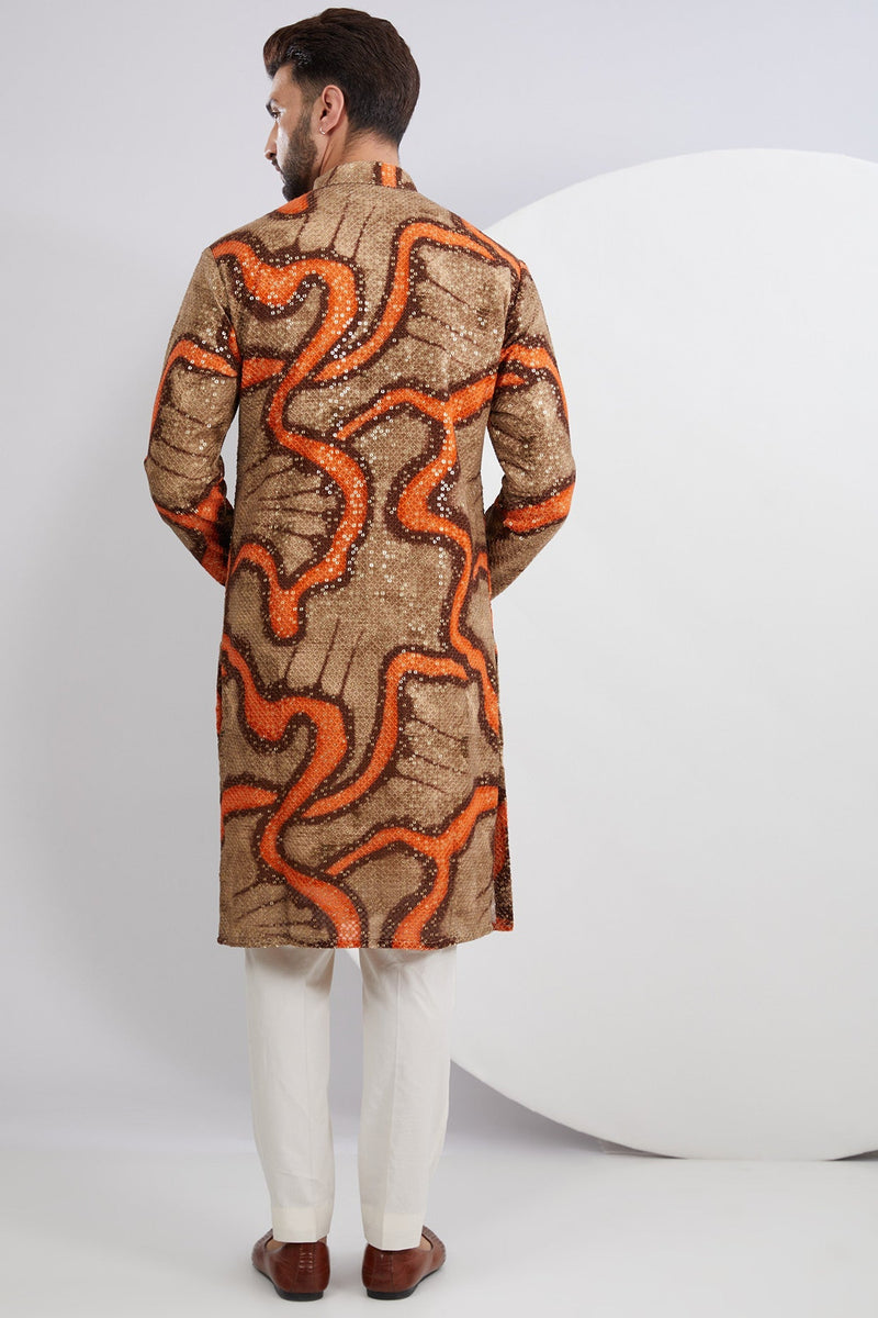 Orange and Green Abstract Embroidered Kurta - kasbahmen