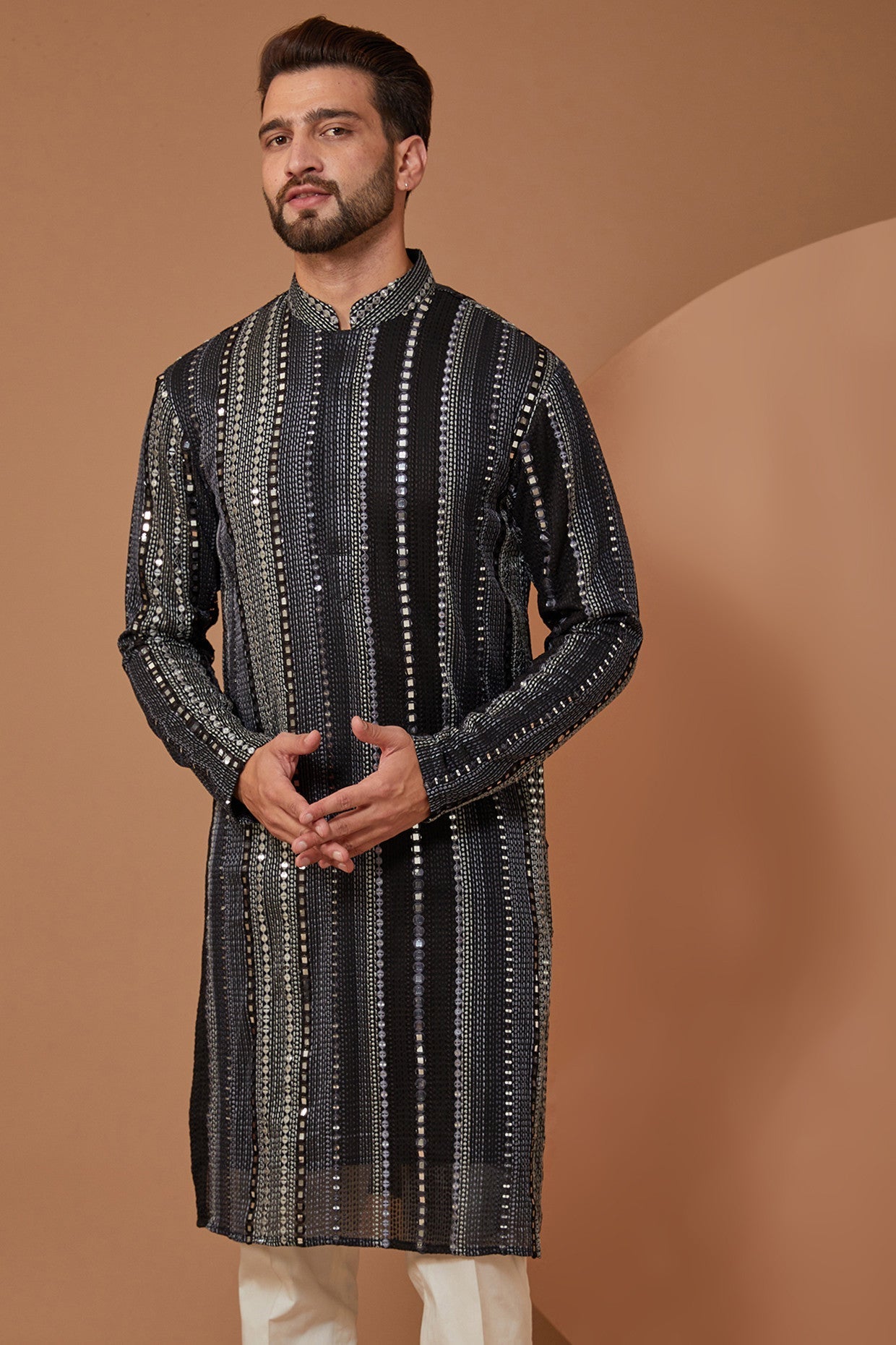 Black and Grey Mirrorwork Kurta - kasbahmen