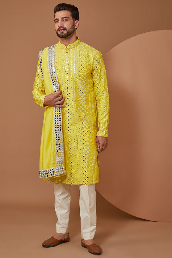 Bright Yellow Signature Mirrorwork Kurta with Stole - kasbahmen