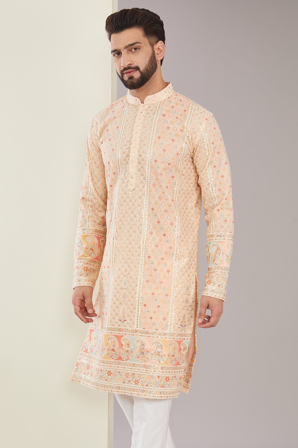 Peach Multi-embroidered Kurta - kasbahmen