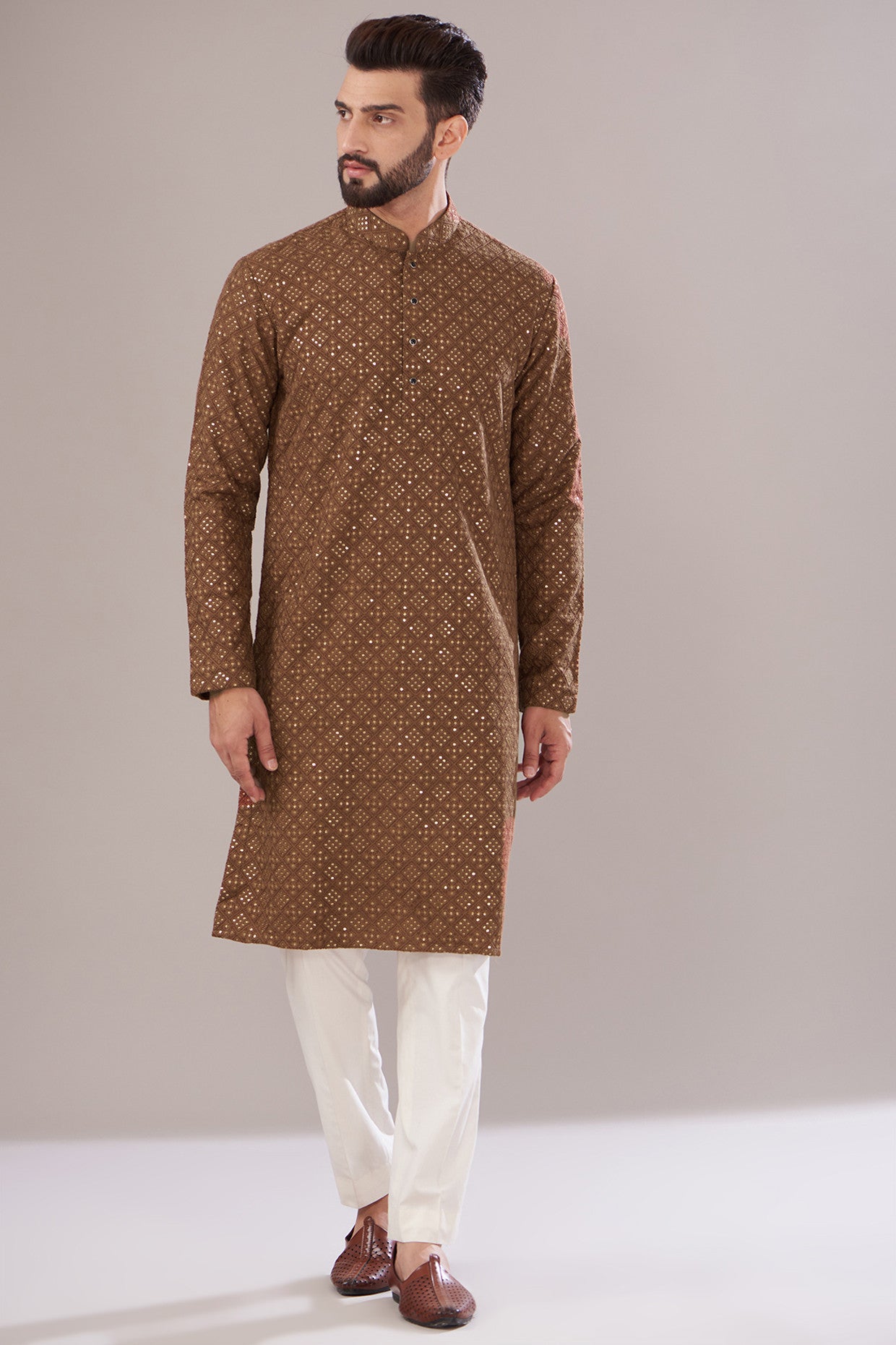 Brown Silk Embroidered Kurta - kasbahmen