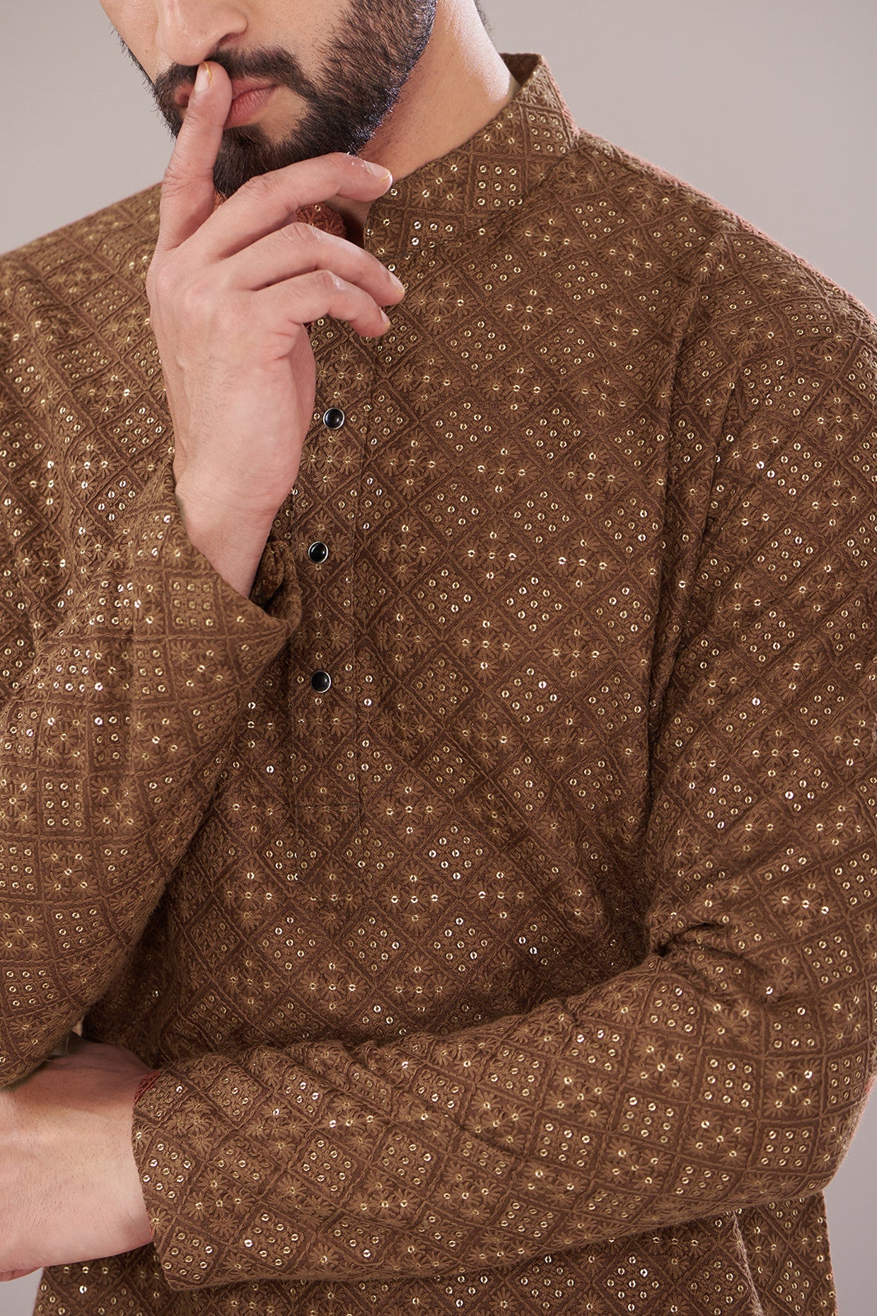 Brown Silk Embroidered Kurta - kasbahmen