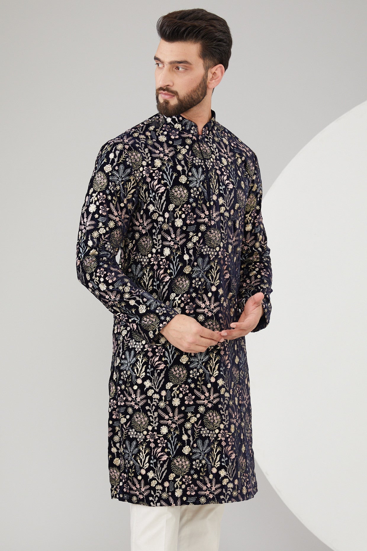 Navy Blue Velvet Floral Embroidered kurta - kasbahmen