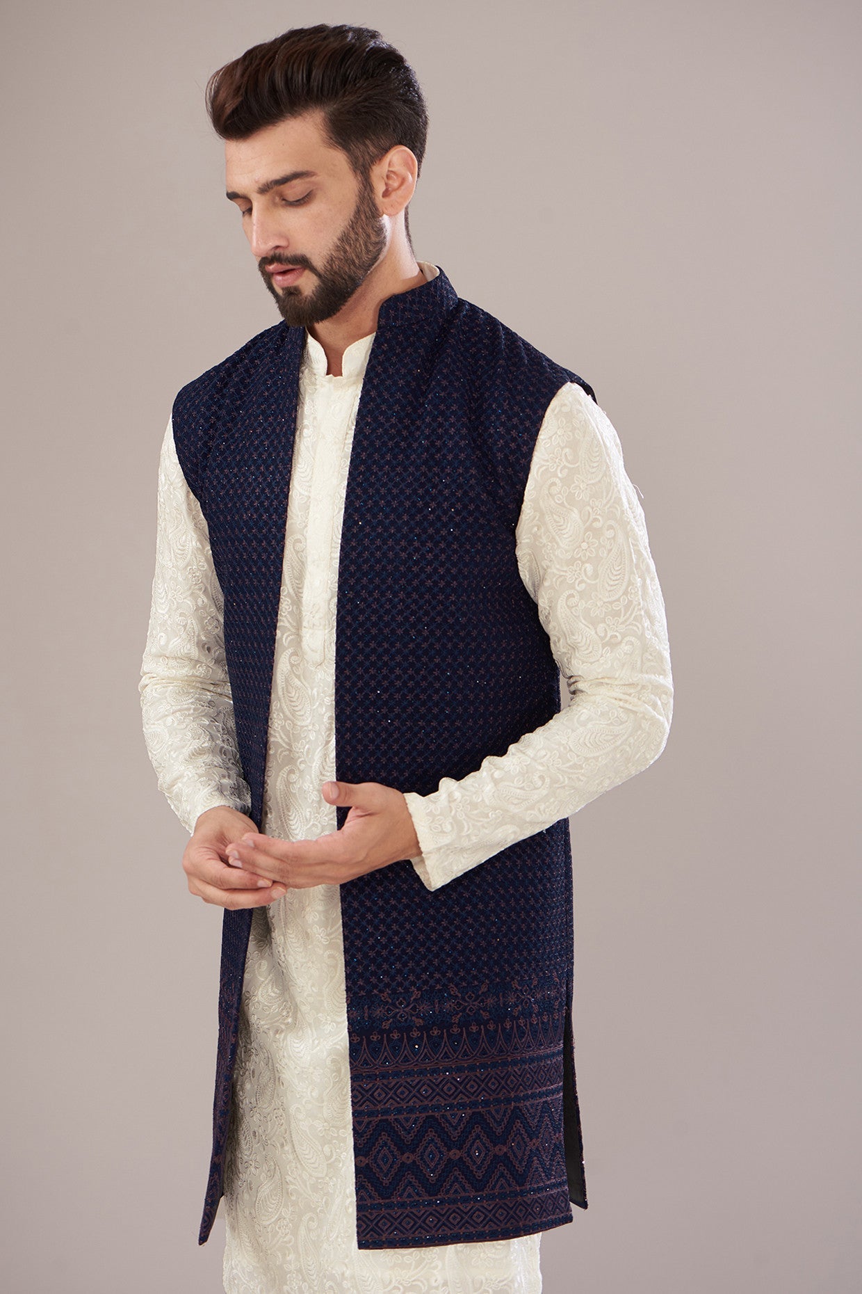 Navy Blue Georgette Embroidered Indowestern Jacket - kasbahmen