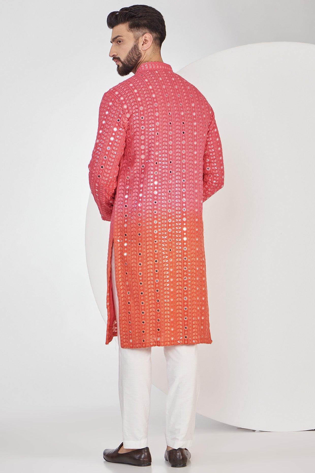 Pink and Orange Ombre shaded Mirrorwork Kurta - kasbahmen