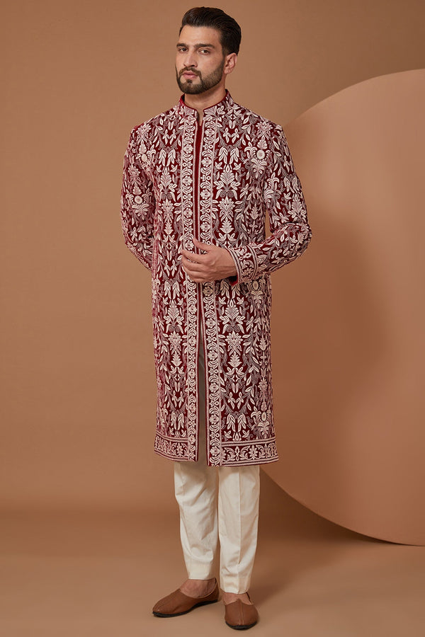 Maroon Threadwork Jamawar Sherwani - kasbahmen