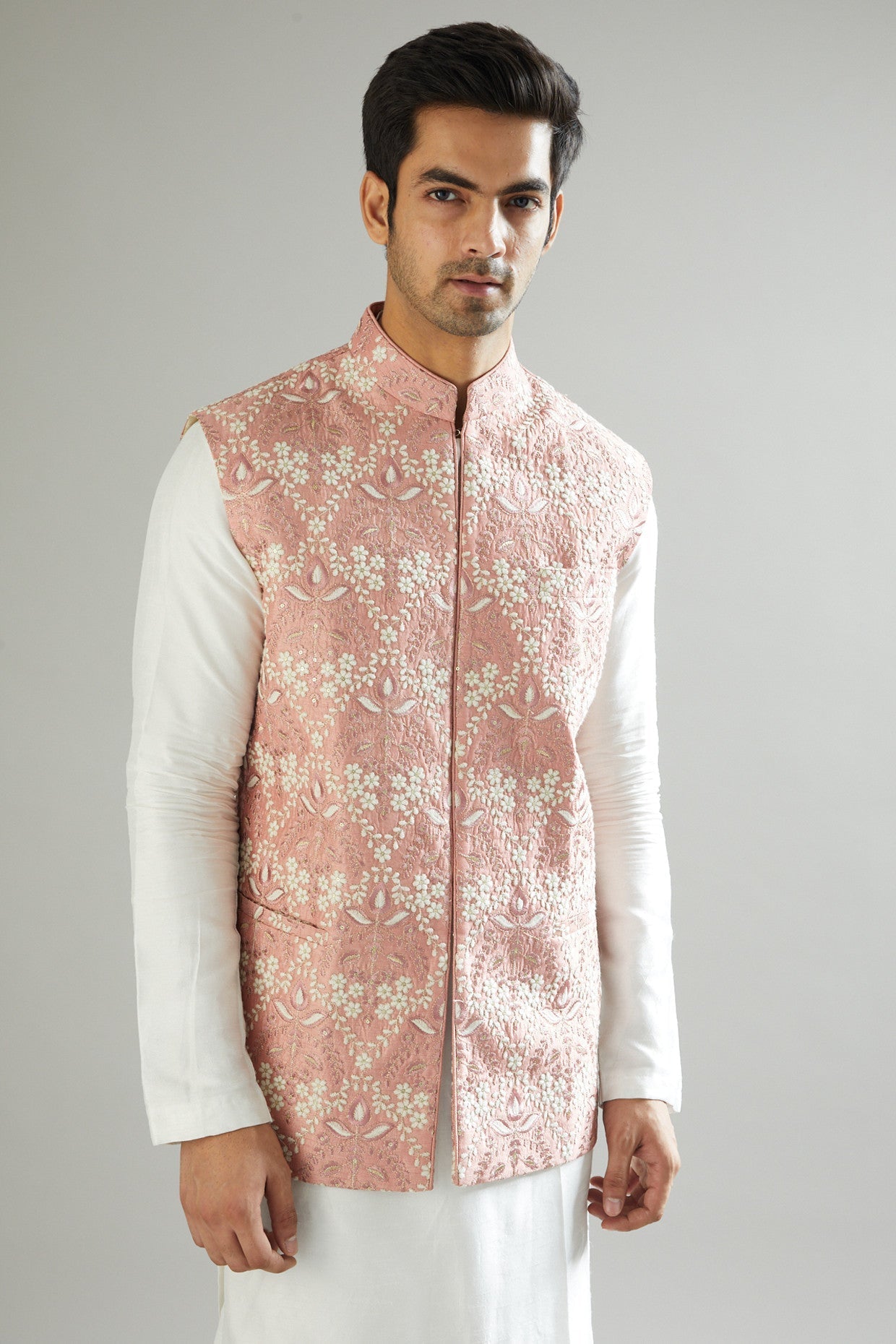 Mud Pink Embroidered Nehru Jacket - kasbahmen