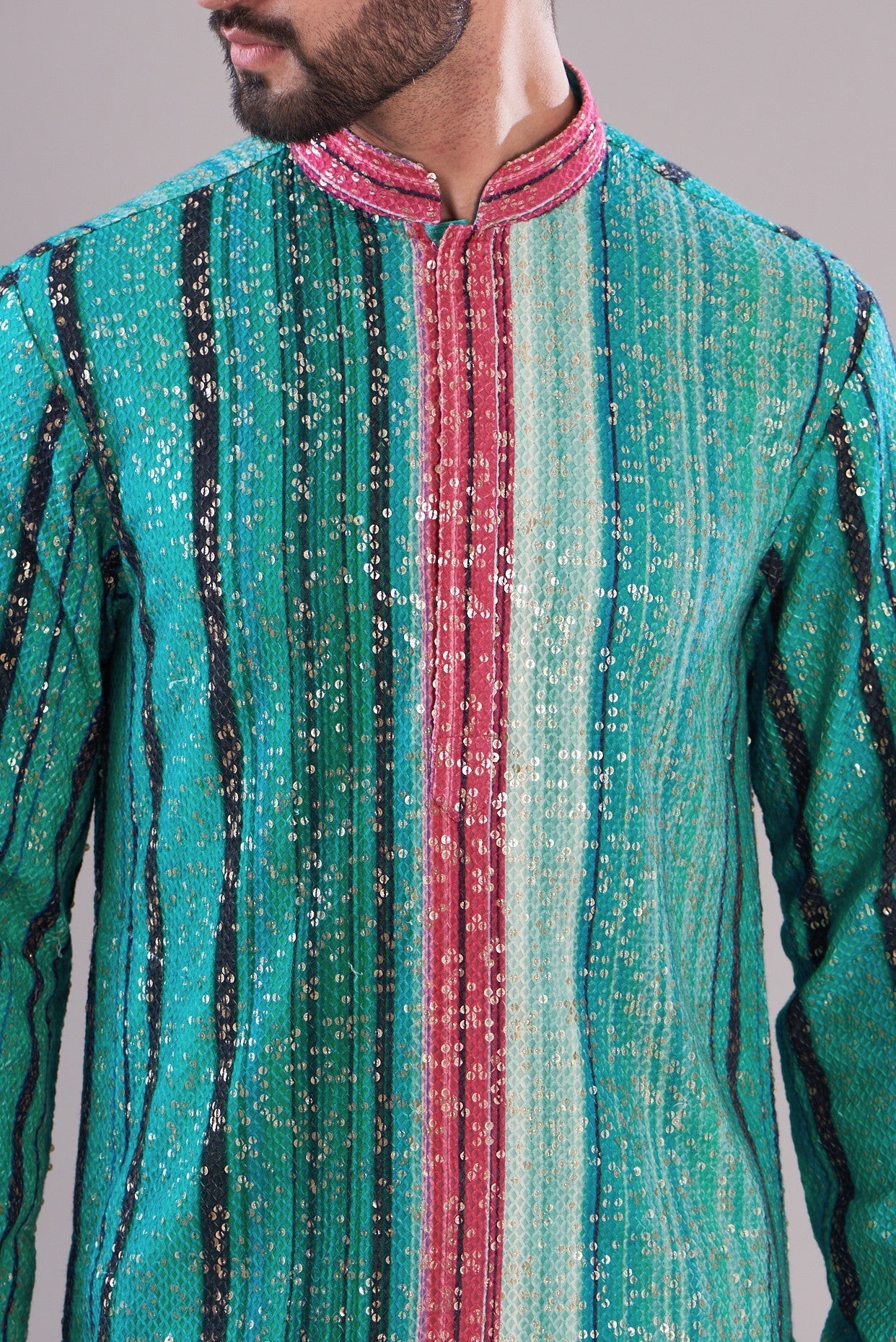 Blue-pink-sequenced kurta - kasbahmen