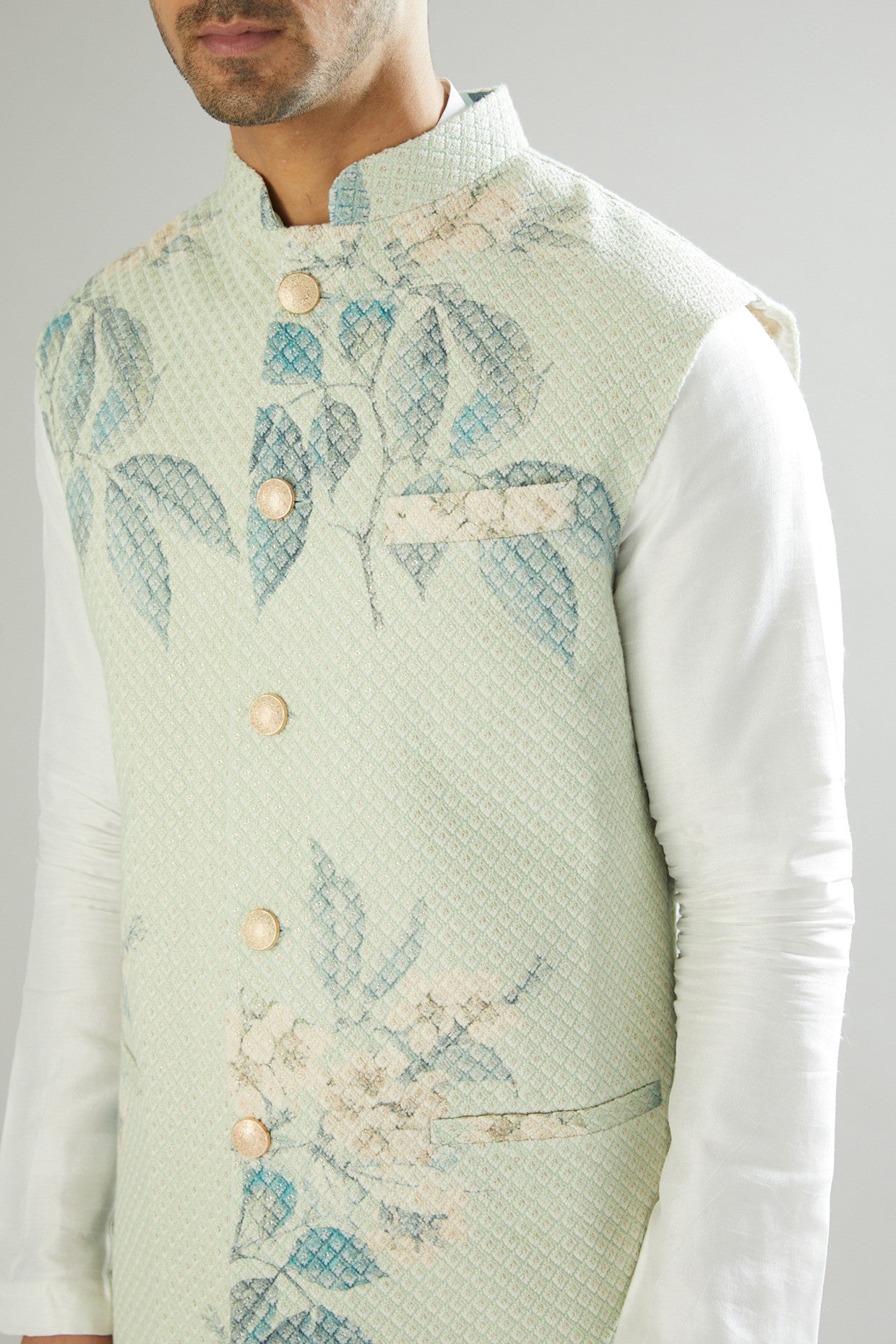 Mint Green Floral Embroidered Nehru Jacket - kasbahmen