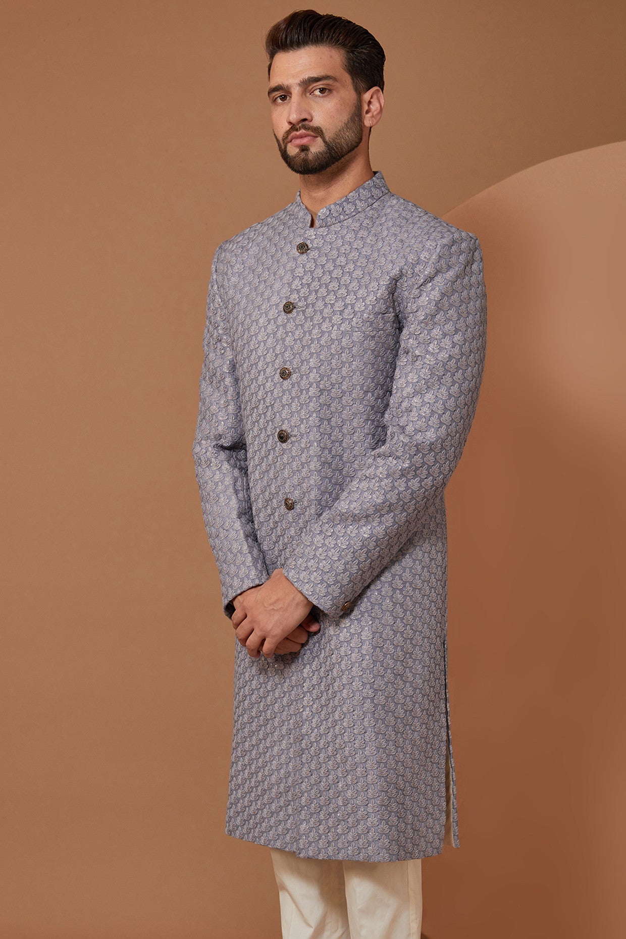 Electric Grey Embroidered Sherwani - kasbahmen