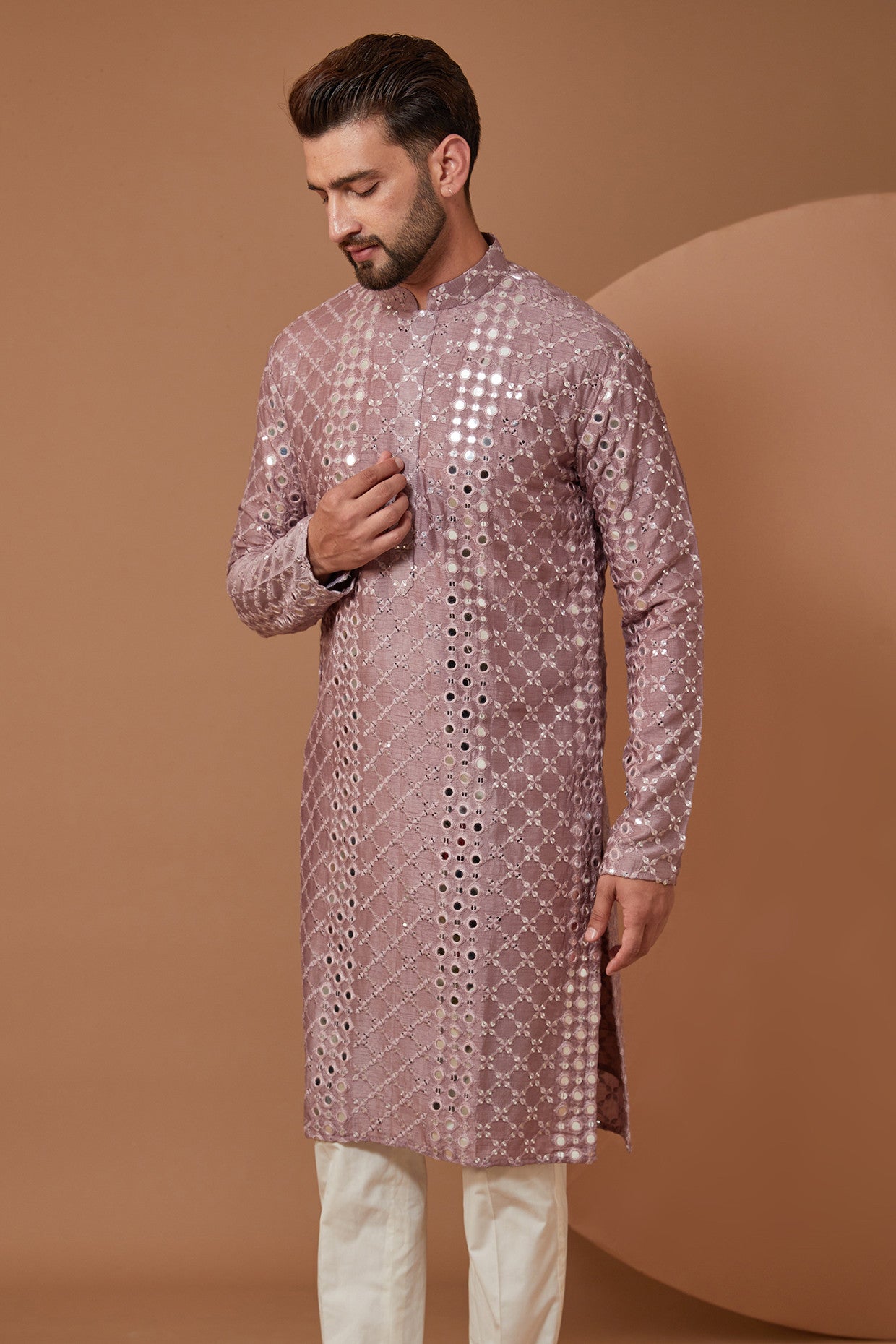 Sunset Lilac Signature Mirrorwork Kurta - kasbahmen