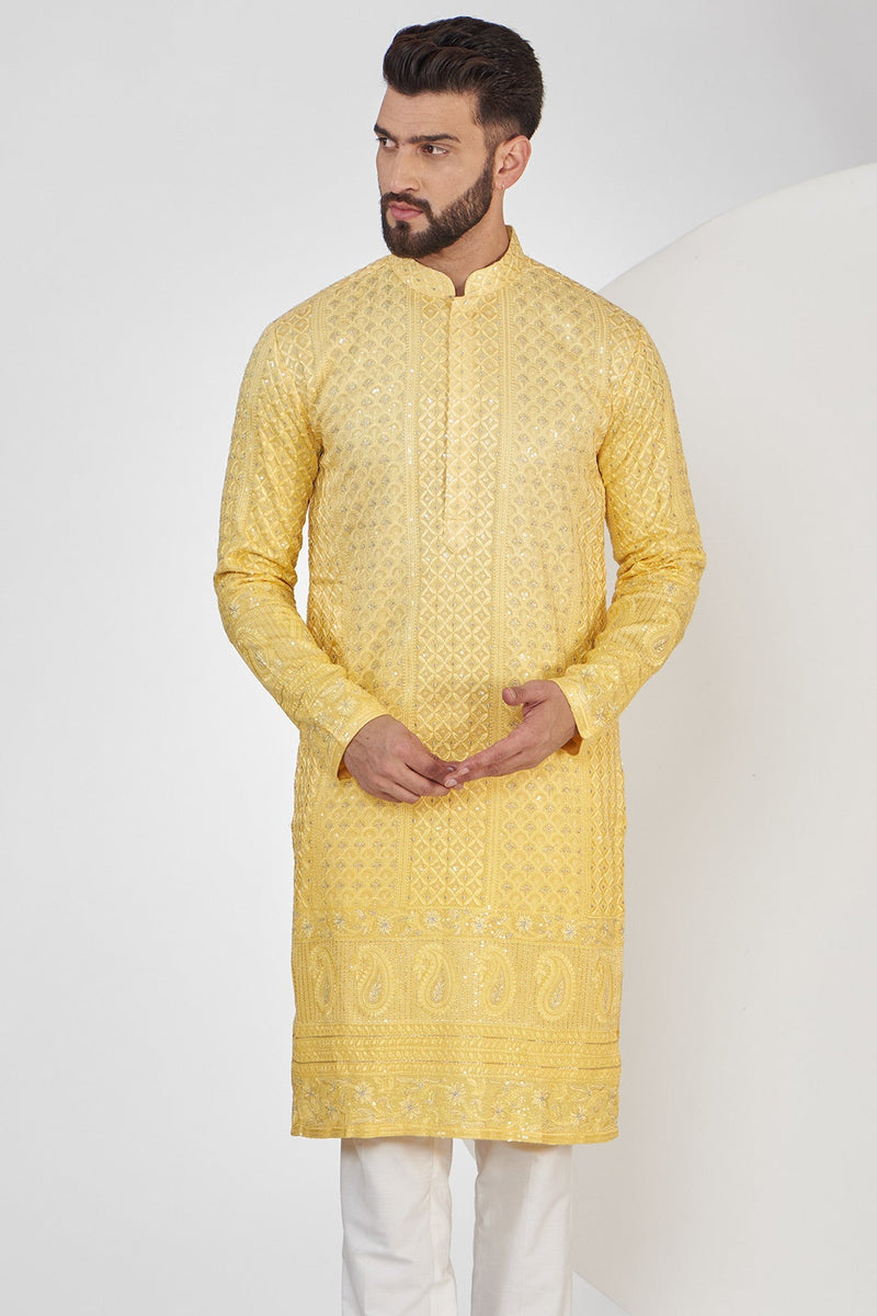 Light Yellow Ombre Shaded Chikankari Kurta - kasbahmen