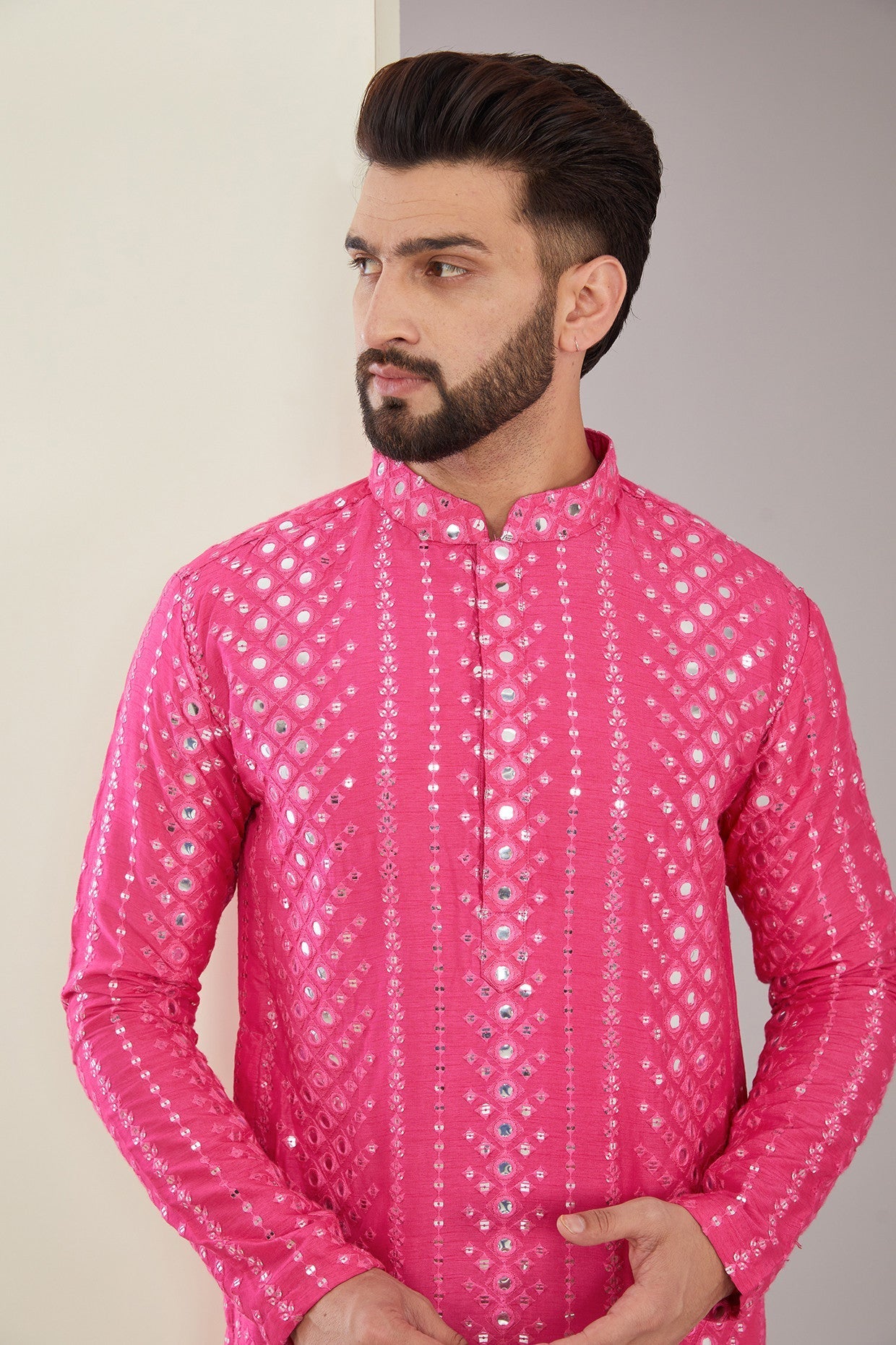 Signature Hot Pink Mirrorwork Kurta - kasbahmen