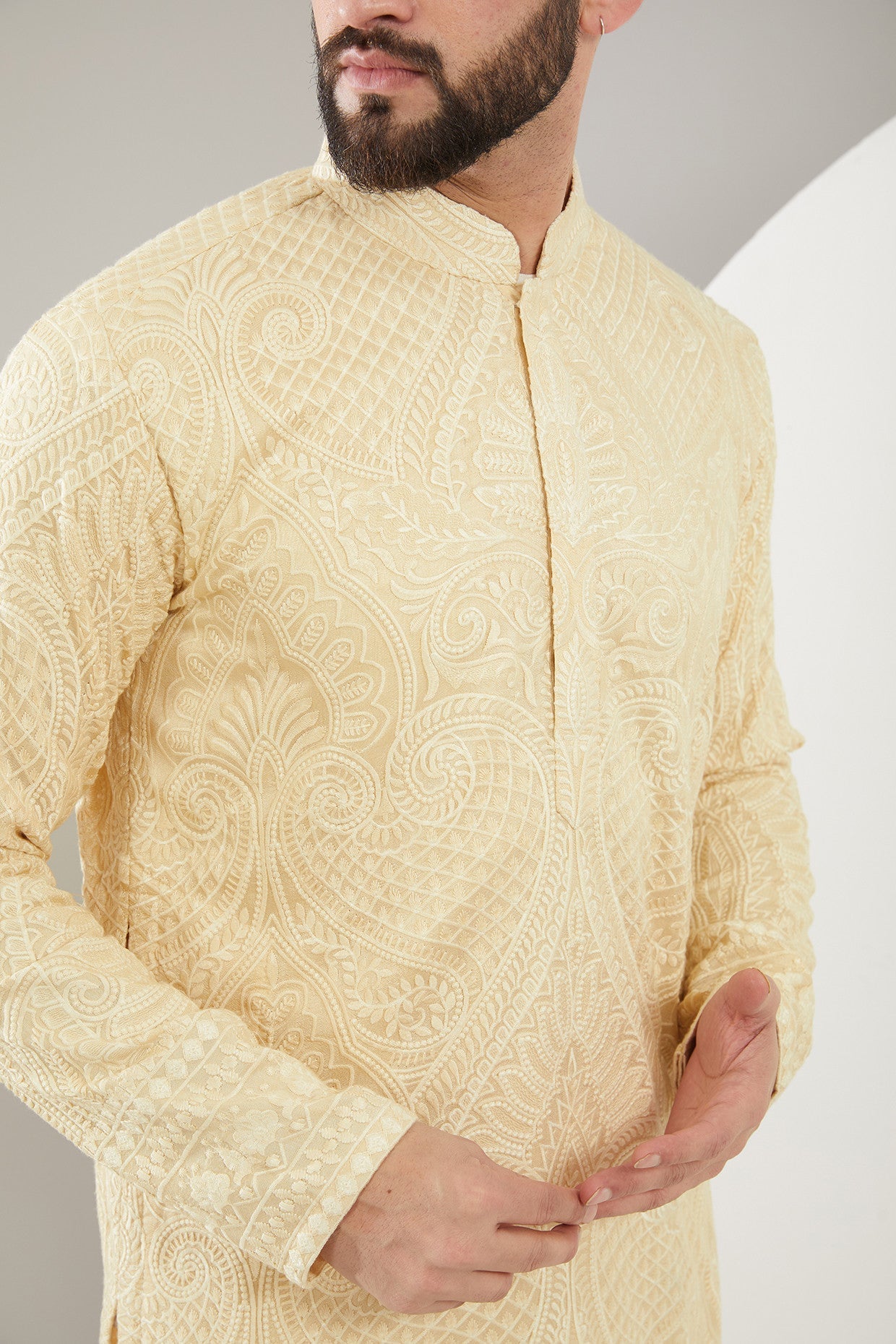 Beige Kashmiri Embroidered Kurta - kasbahmen