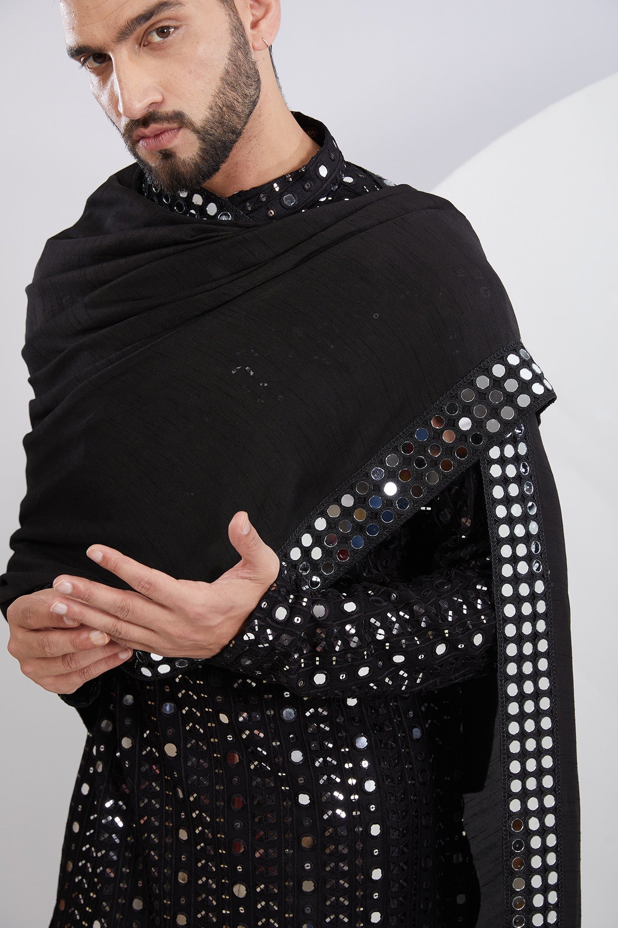 Black Mirrorwork Kurta paired with Mirrorwork Stole - kasbahmen