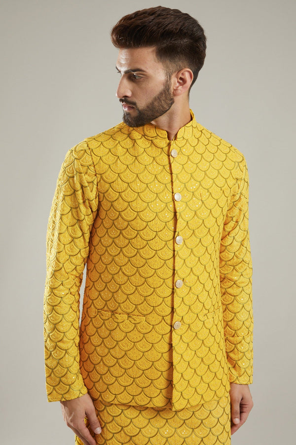 Yellow Silk Embroidered Nehru Jacket With Kurta