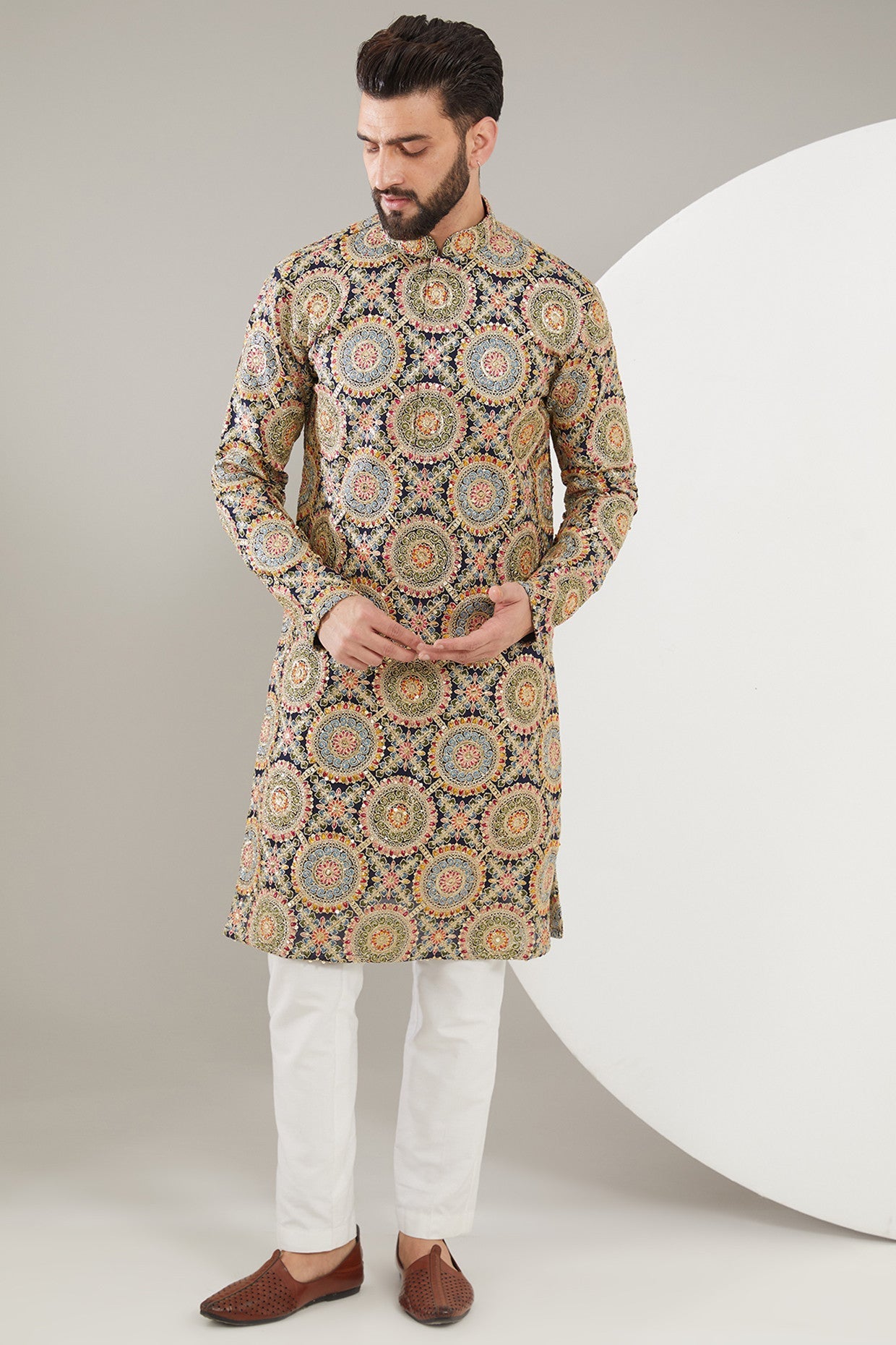 navy blue embrodried kurta with heavy multi thread & zari work - kasbahmen