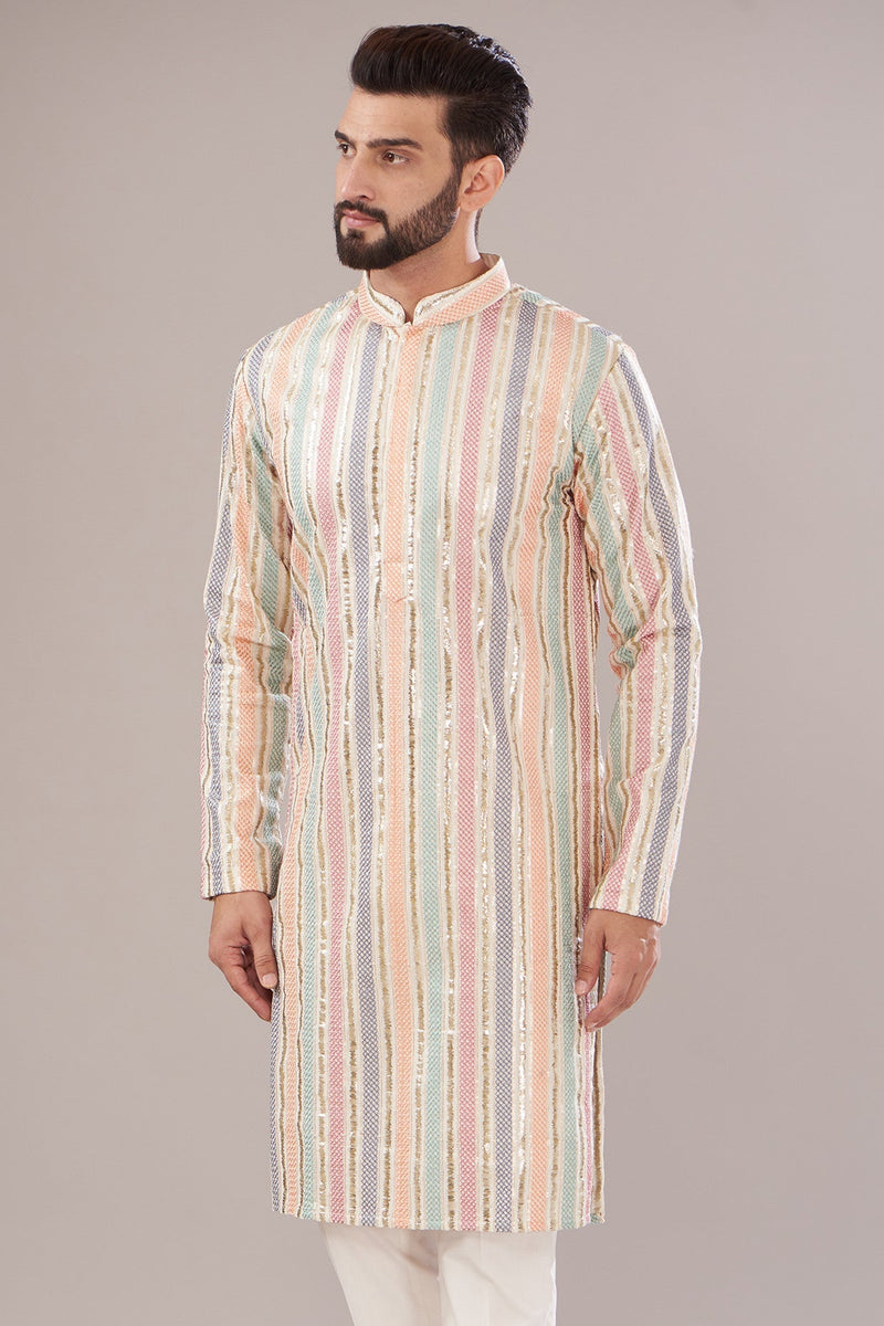 Multi-Colored Cotton Chanderi Embroidered Kurta - kasbahmen