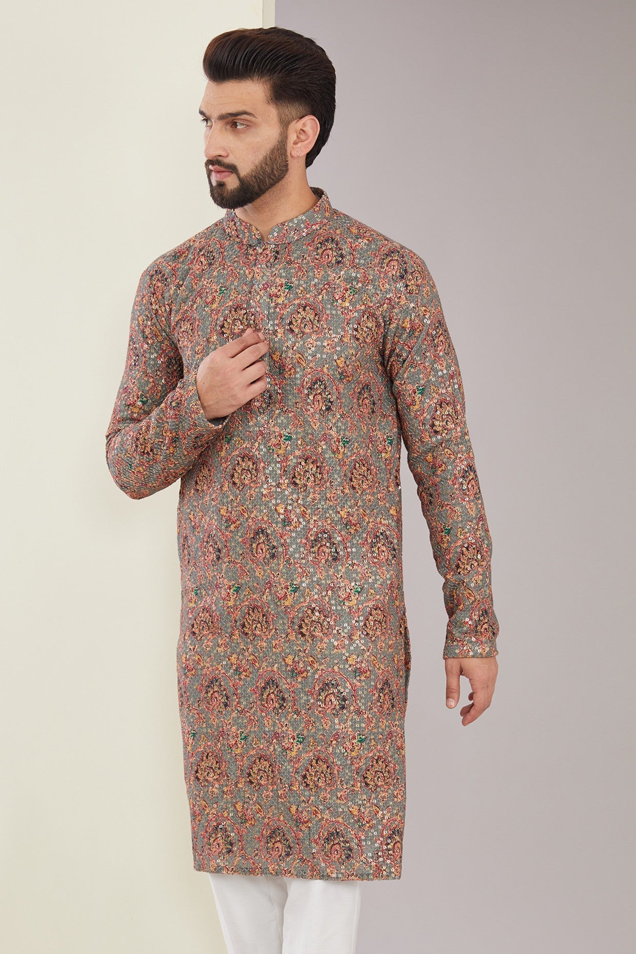 Floral Embroidered Kurta on Print - kasbahmen