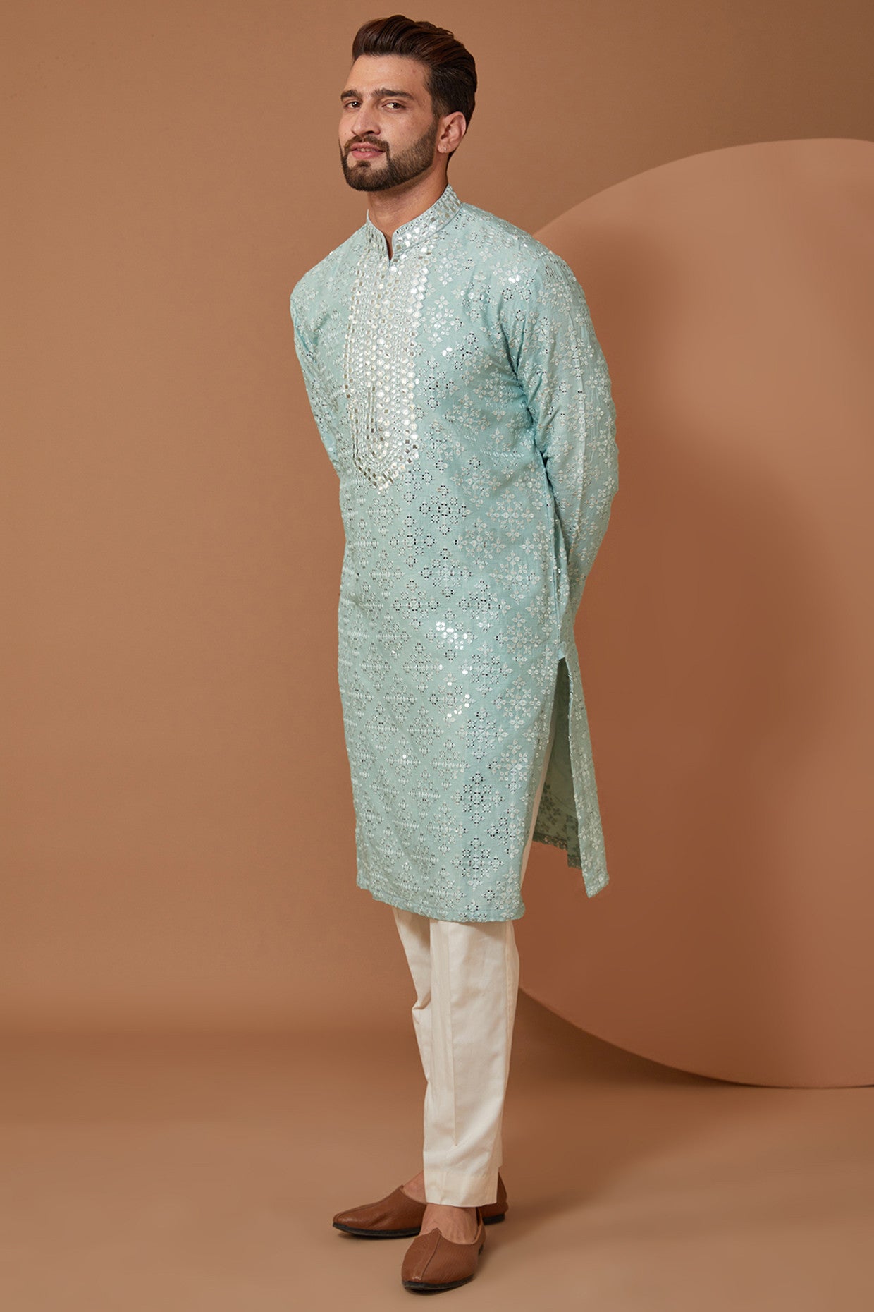 Ice Blue Mirrorwork Kurta - kasbahmen