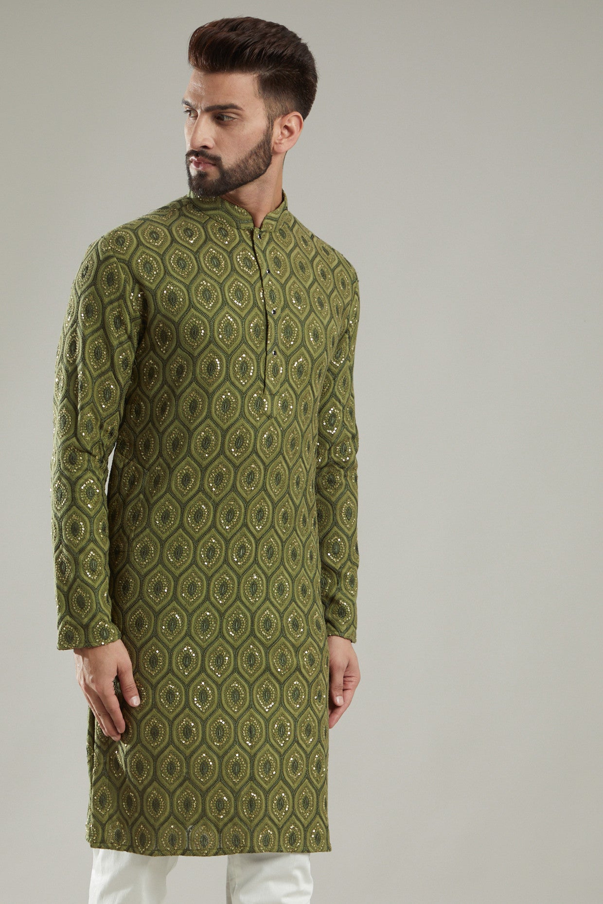 Mehendi Green Silk Embroidered Kurta - kasbahmen